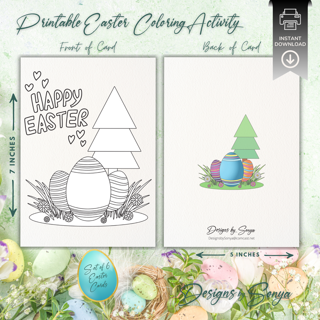 Set of 6 Custom Designed 5 x 7 Printable Happy Easter DIY Kid Coloring Greeting Card Classroom Activity - Instant Download - Print at Home