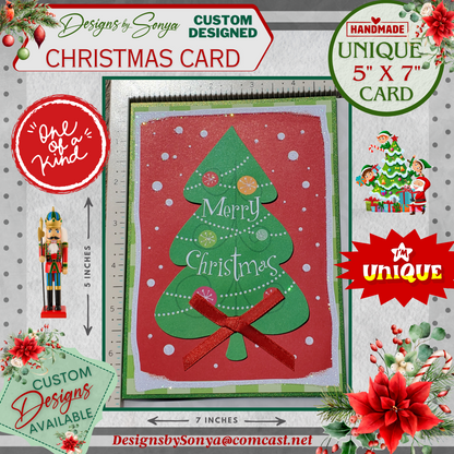 LIMITED EDITION | Festive 5" x7" Green Christmas Tree Embellished with a 1/4" Hand Tied Bow | Custom 3D Layered Holiday Greeting Card