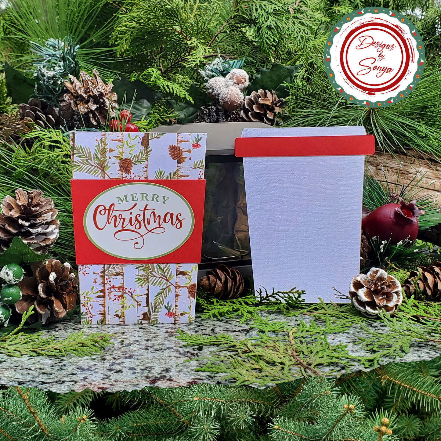 Christmas Coffee Cup Gift Card Holder – Birch Pine Merry Christmas – Handmade Holiday Card for Teachers, Coworkers, Staff