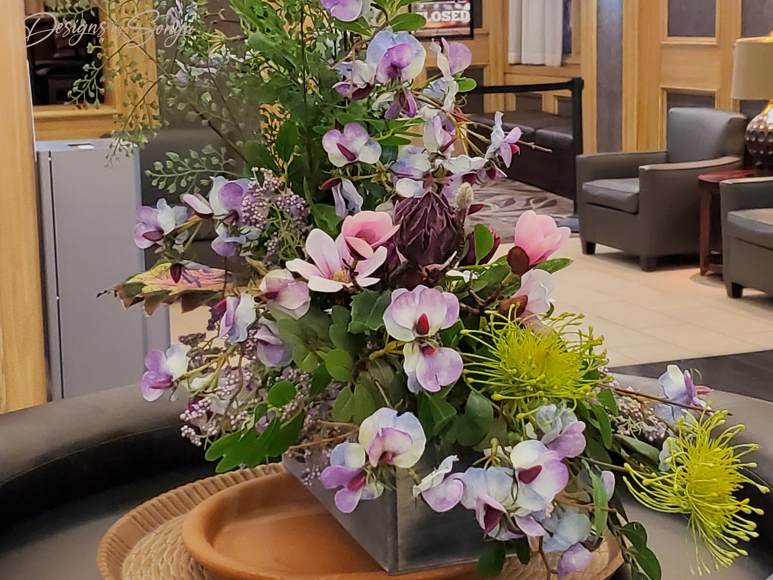 Lifelike | Exquisite | Asymmetrical | Large Flower Arrangement | Magenta Tulips, Pink Magnolias, Purple Sweet Peas | Unique Mothers Day Gift