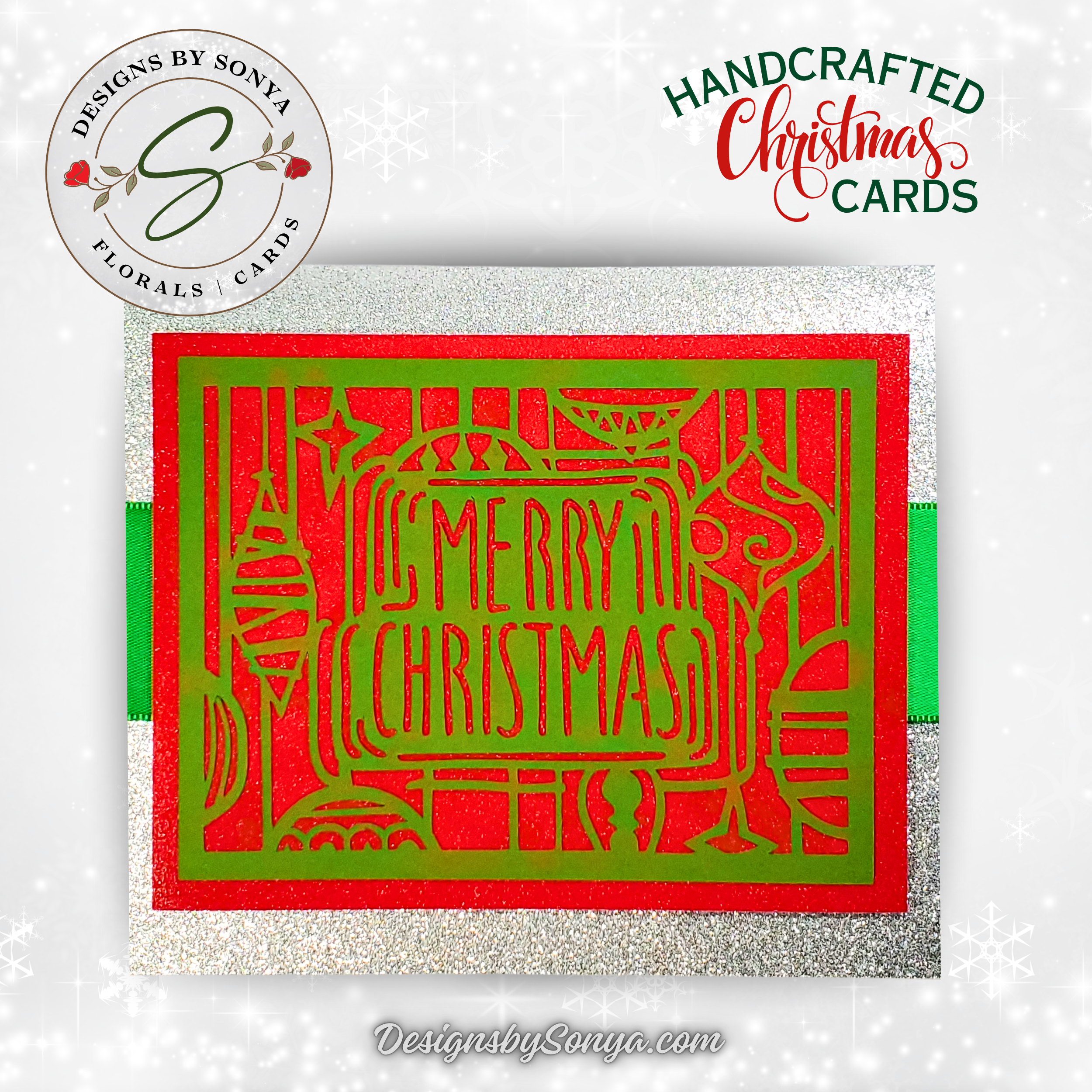 Handcrafted Merry Christmas Card – Red & Green Die-Cut Design with Silver Glitter & Green Ribbon – A7 5x7 Holiday Greeting | Unique Keepsake Christmas Card