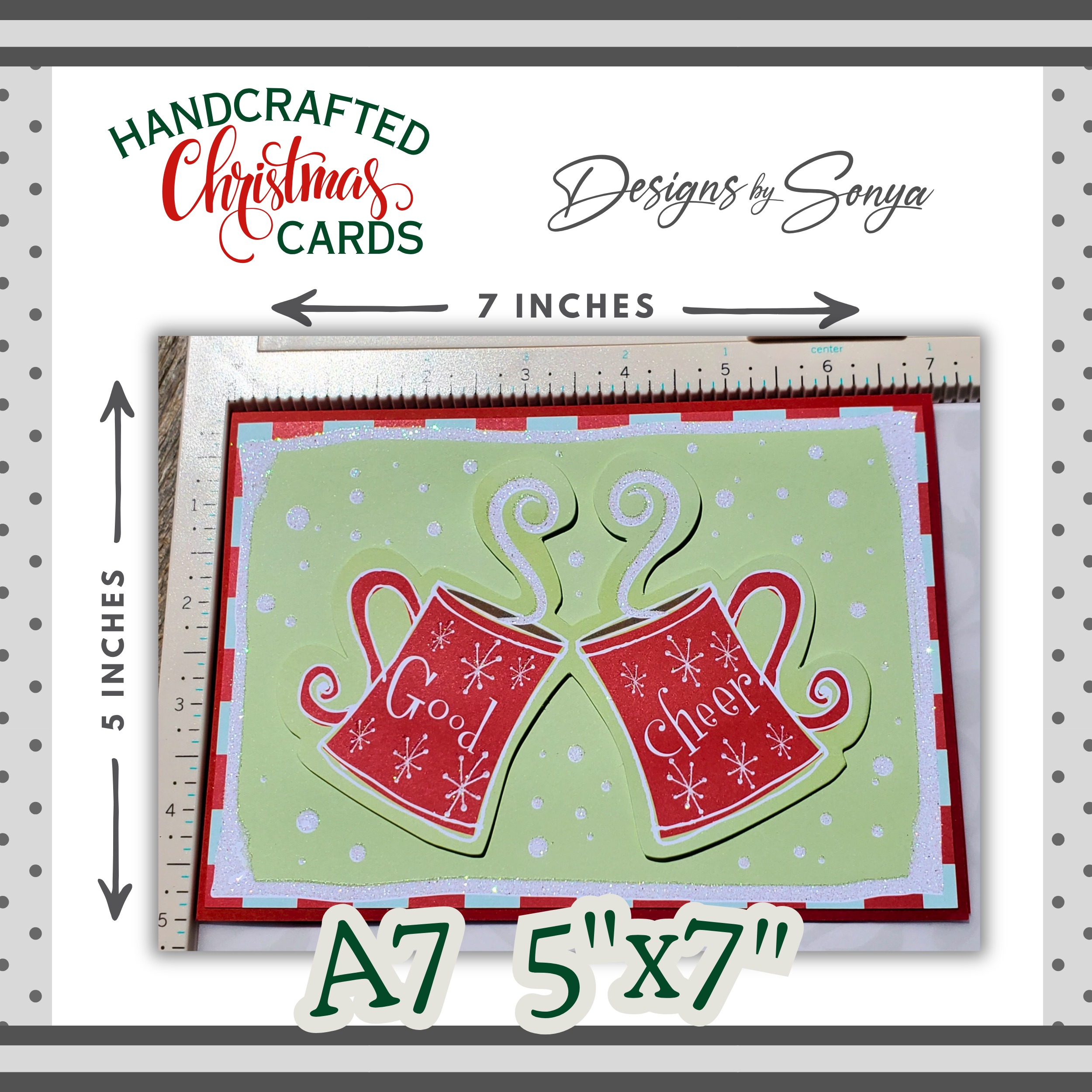 Good Cheer Holiday Card with Red Mugs | Handcrafted A7 Christmas Card | Fun Festive Greeting for Friends, Family, or Corporate Gifting