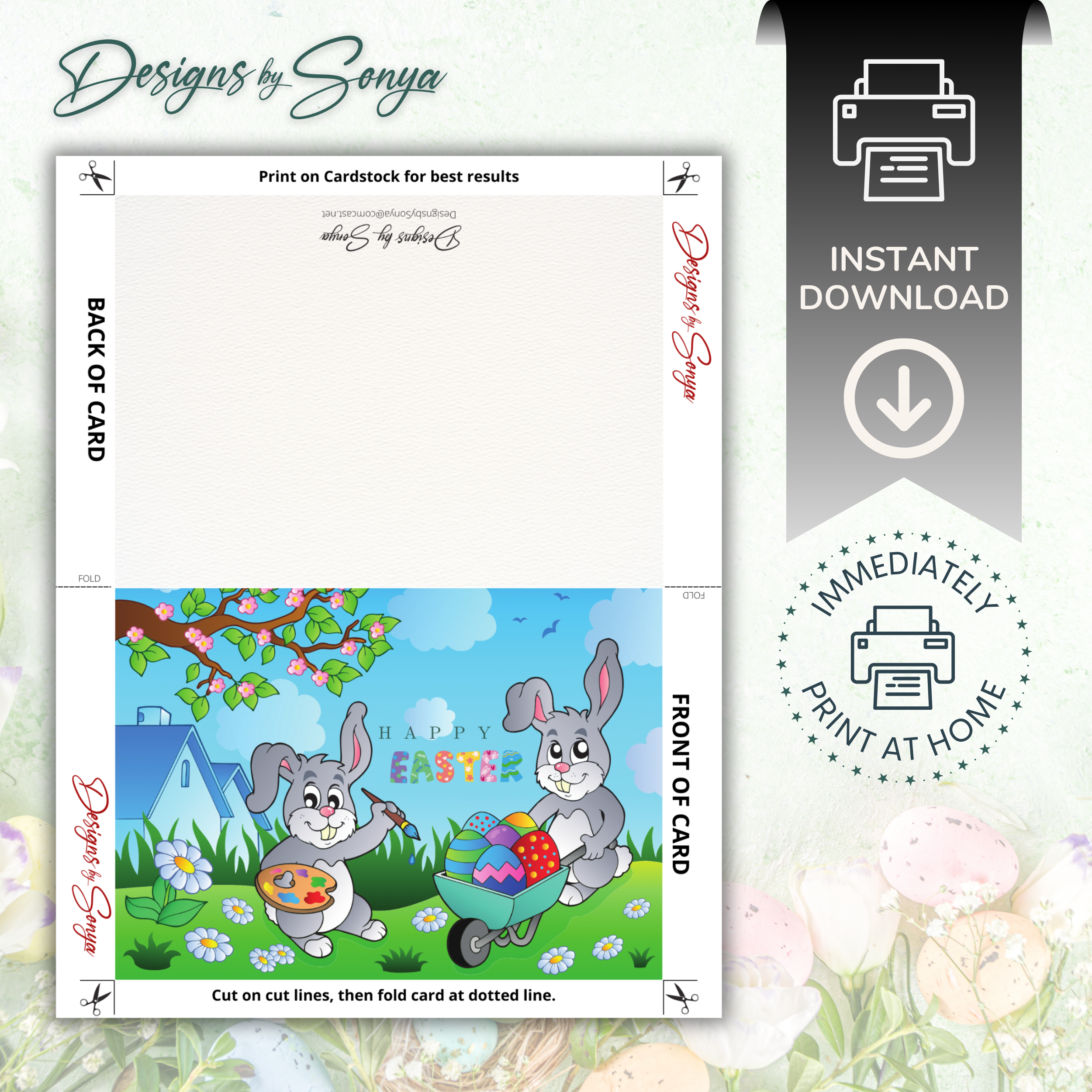 DIY Bunny Printable Easter Greeting Card | Digital Download | 5x7 Folded Card with Envelope | Cute Spring Design | Instant Print at Home