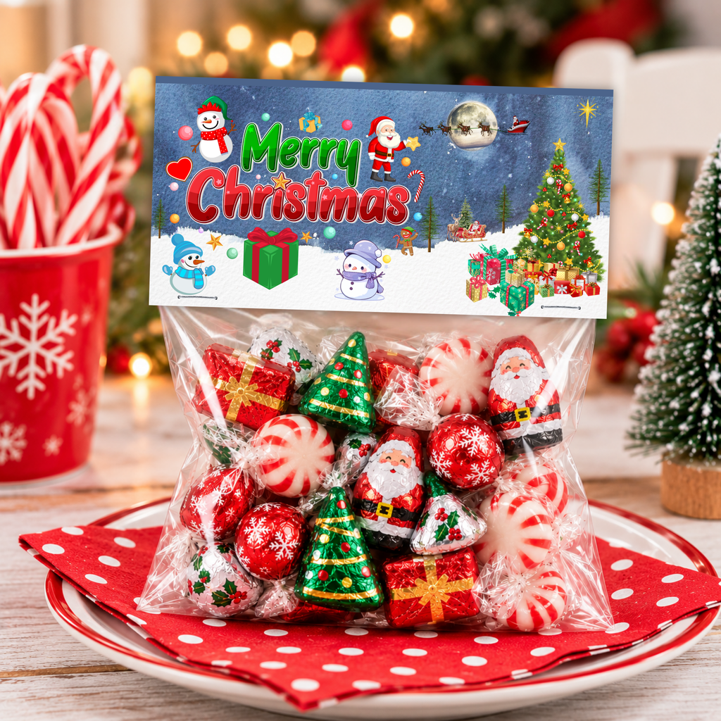 Printable Christmas Treat Bag Topper Collection | 4 Santa & Snowman Holiday Designs | Christmas Candy Bag Toppers for Classroom Parties | 4" x 2" PDF Download