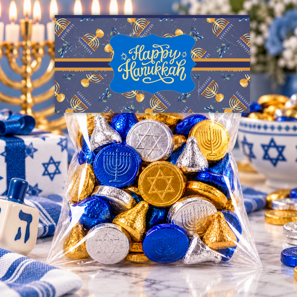 Printable Hanukkah Treat Bag Topper | Happy Hanukkah Candy Bag Topper | Navy Blue & Gold Menorah Pattern | Jewish Holiday Party Favor | 4" x 2" PDF Download