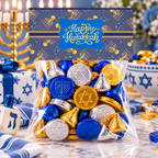 Printable Hanukkah Treat Bag Topper | Happy Hanukkah Candy Bag Topper | Navy Blue & Gold Menorah Pattern | Jewish Holiday Party Favor | 4" x 2" PDF Download