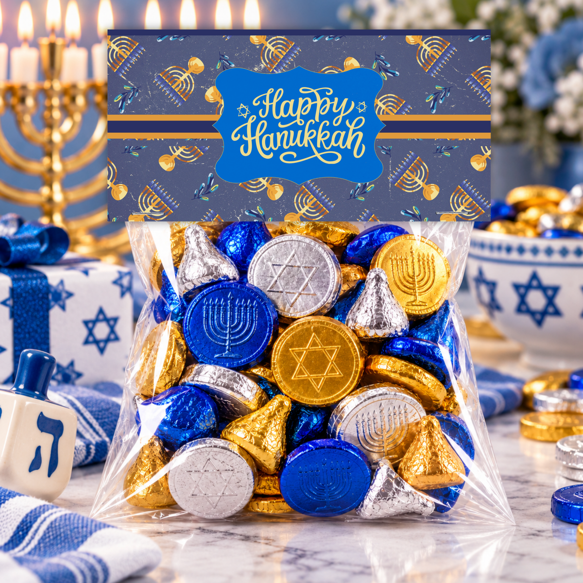 Printable Hanukkah Treat Bag Topper | Happy Hanukkah Candy Bag Topper | Navy Blue & Gold Menorah Pattern | Jewish Holiday Party Favor | 4" x 2" PDF Download
