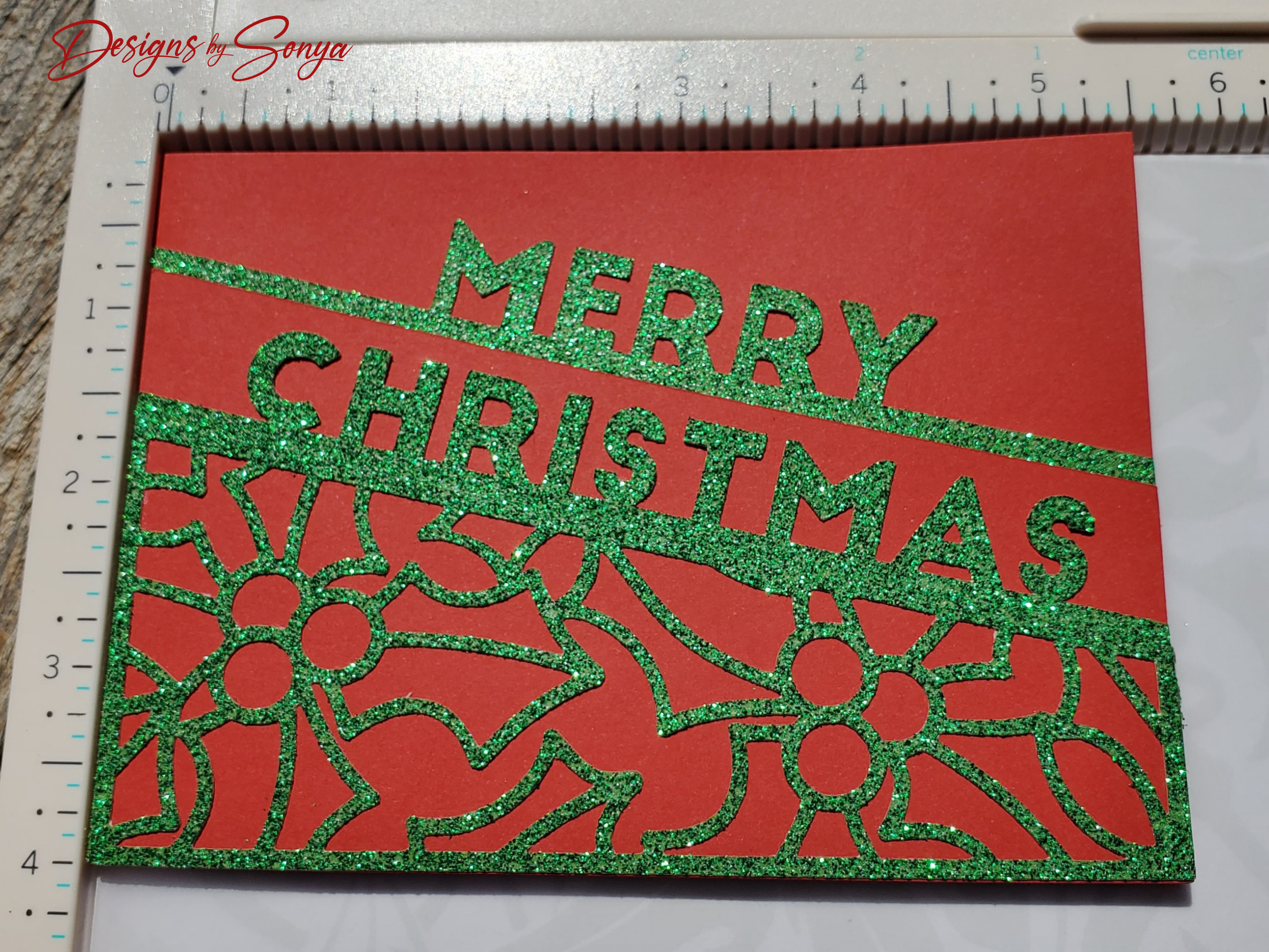 Handcrafted Red Base Merry Christmas Card – Green Glitter Holly Design, Holiday Greeting Message, Limited Edition Keepsake