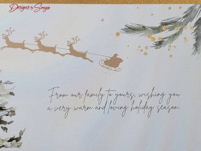 LIMITED EDITION | Elegant Handmade Merry Christmas Card | Luxury Holiday Greeting Gold Accents, Sheer Ribbon Bow, Rhinestones, Unique Design