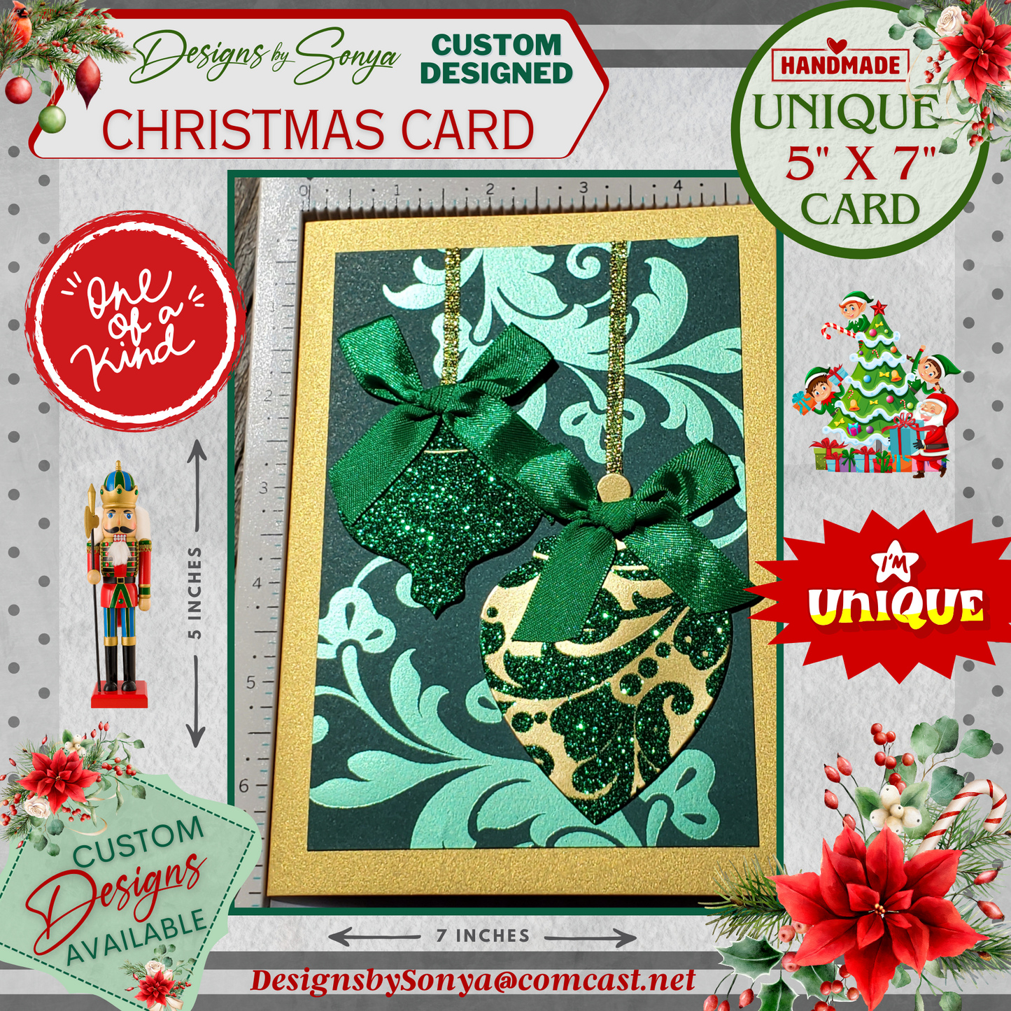 LIMITED EDITION | Elegant Green Ornament Christmas Card | 5"x7" Handcrafted Holiday Greeting Card | Festive Merry Christmas & New Year Card