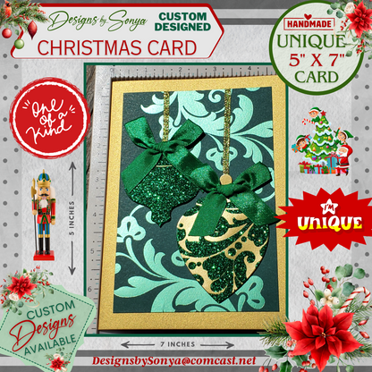 LIMITED EDITION | Elegant Green Ornament Christmas Card | 5"x7" Handcrafted Holiday Greeting Card | Festive Merry Christmas & New Year Card
