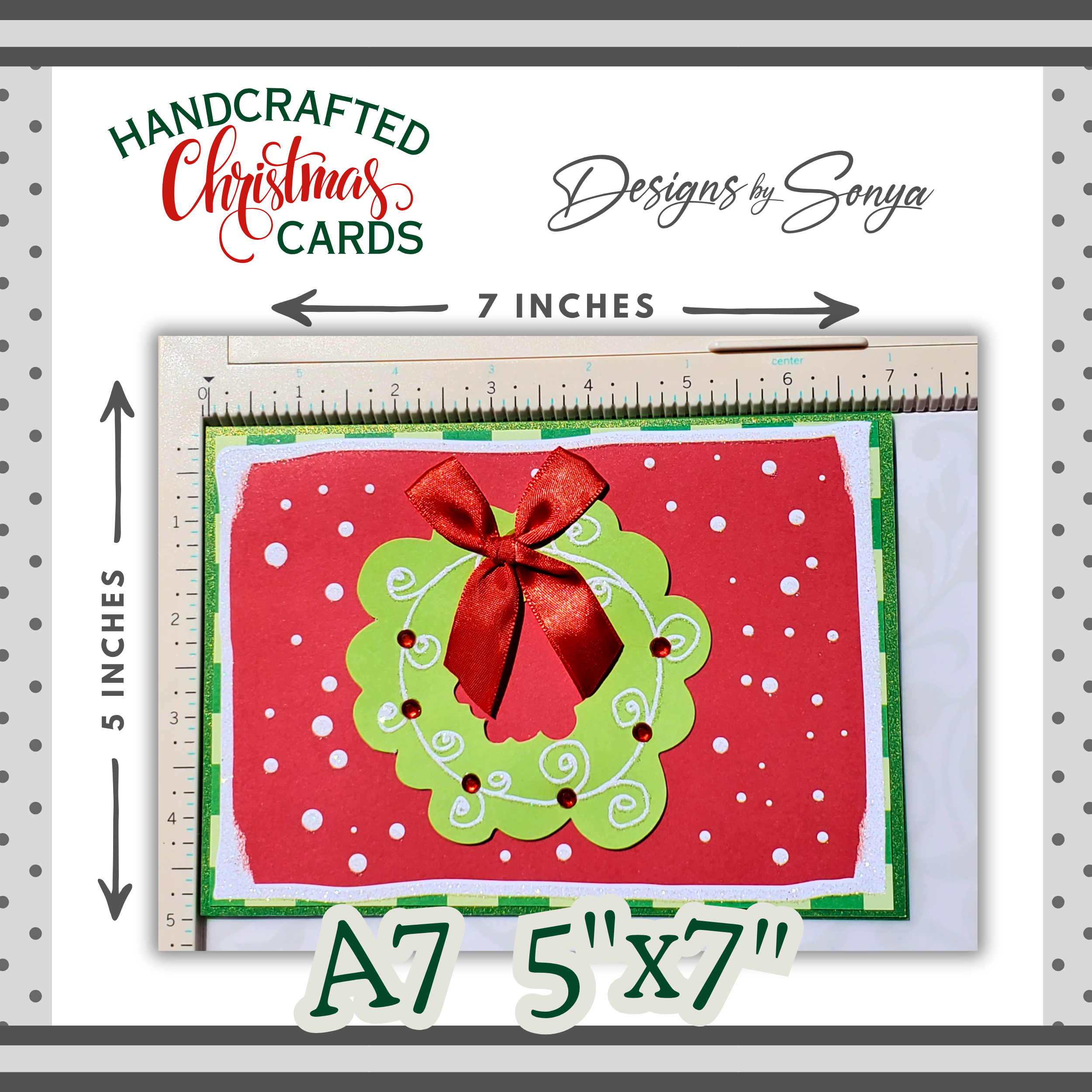 Handmade Christmas Card with Red Bow & Wreath | A7 5x7 Holiday Greeting Card | Unique Christmas Keepsake by Designs by Sonya