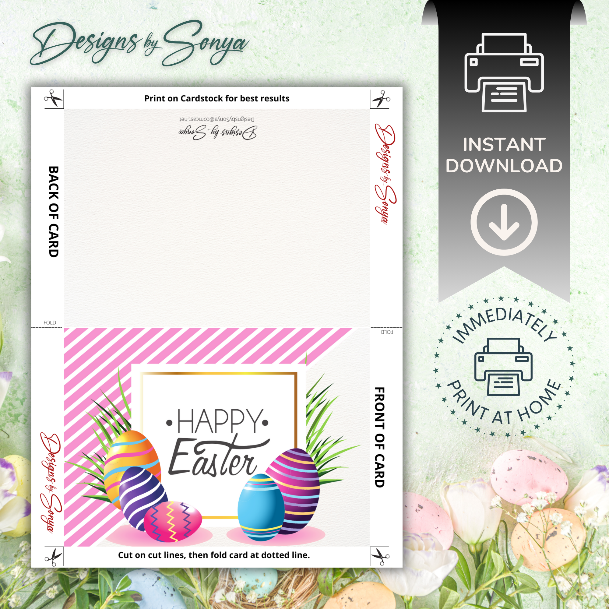 Happy Easter Pink Stripe | Custom Designed | 5 x 7 Printable Greeting Card | Matching Envelope Included | Instant Download | Print from Home