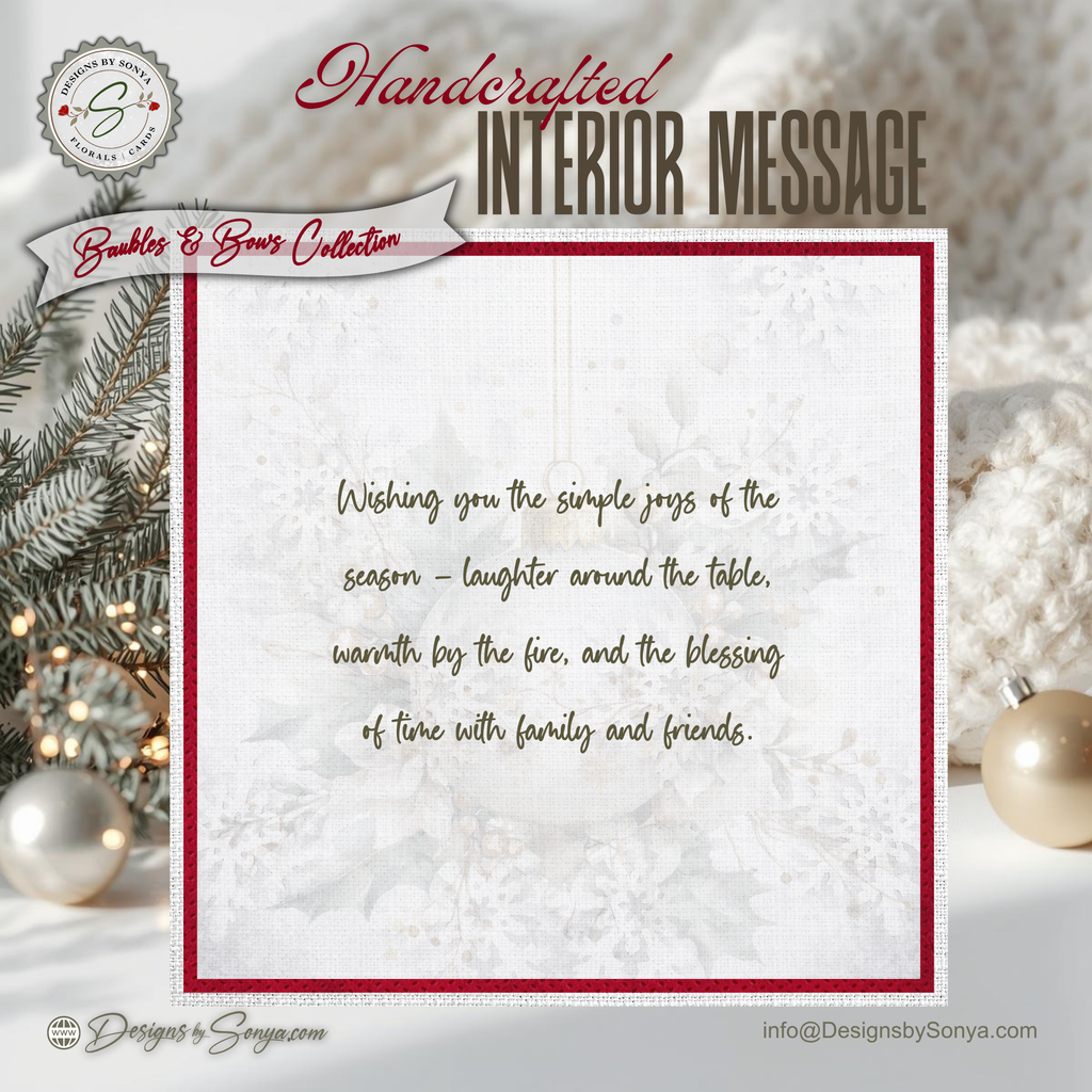 Handcrafted Ornament Design Christmas Card – Unique 7.25” Square Holiday Greeting, Red Satin Bows, Choice of 7 Interior Verses or Custom