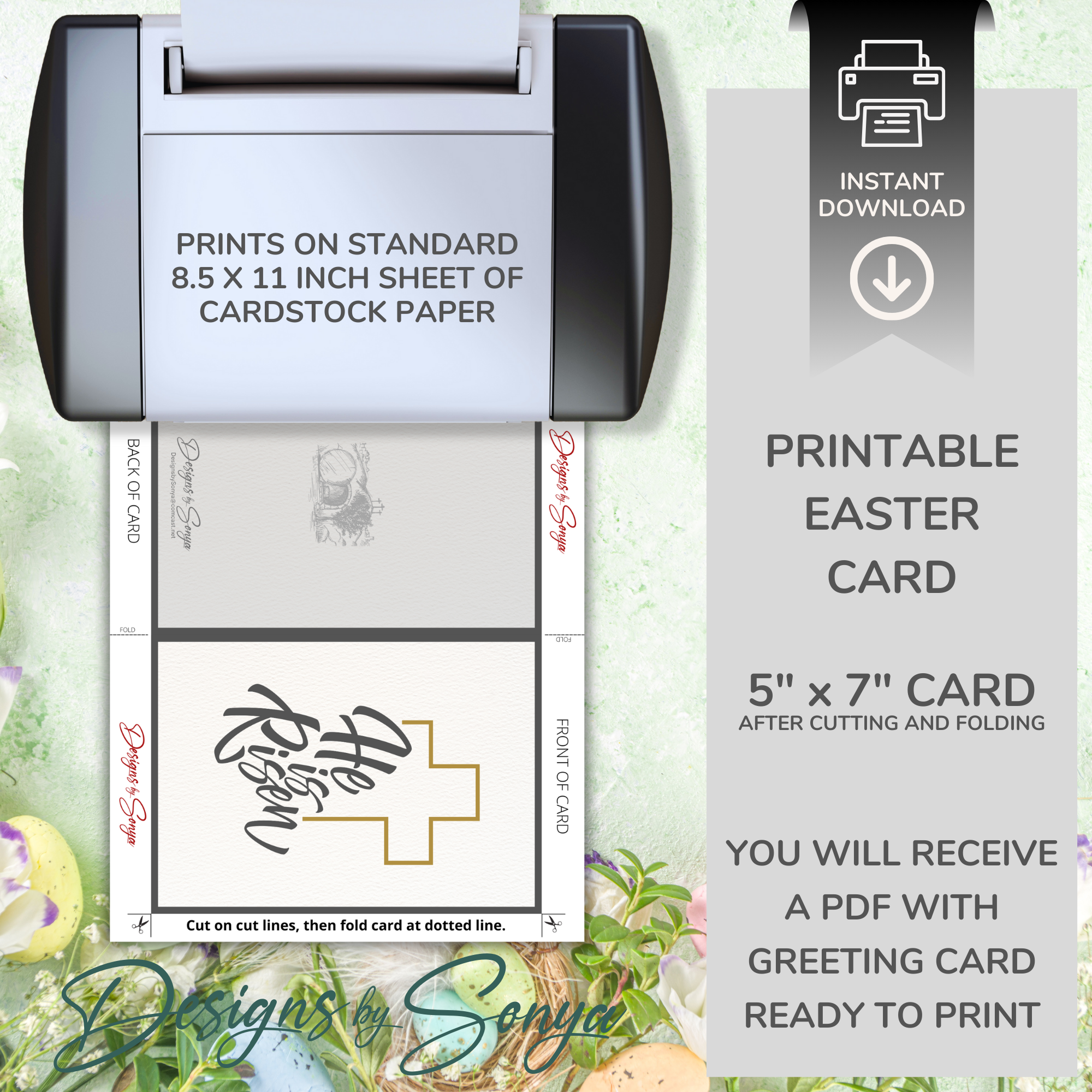 Custom Designed 5 x 7 Printable Card - He is Risen w/ Gold Cross | Inside Greeting and Envelope Included - Instant Download - Print from Home