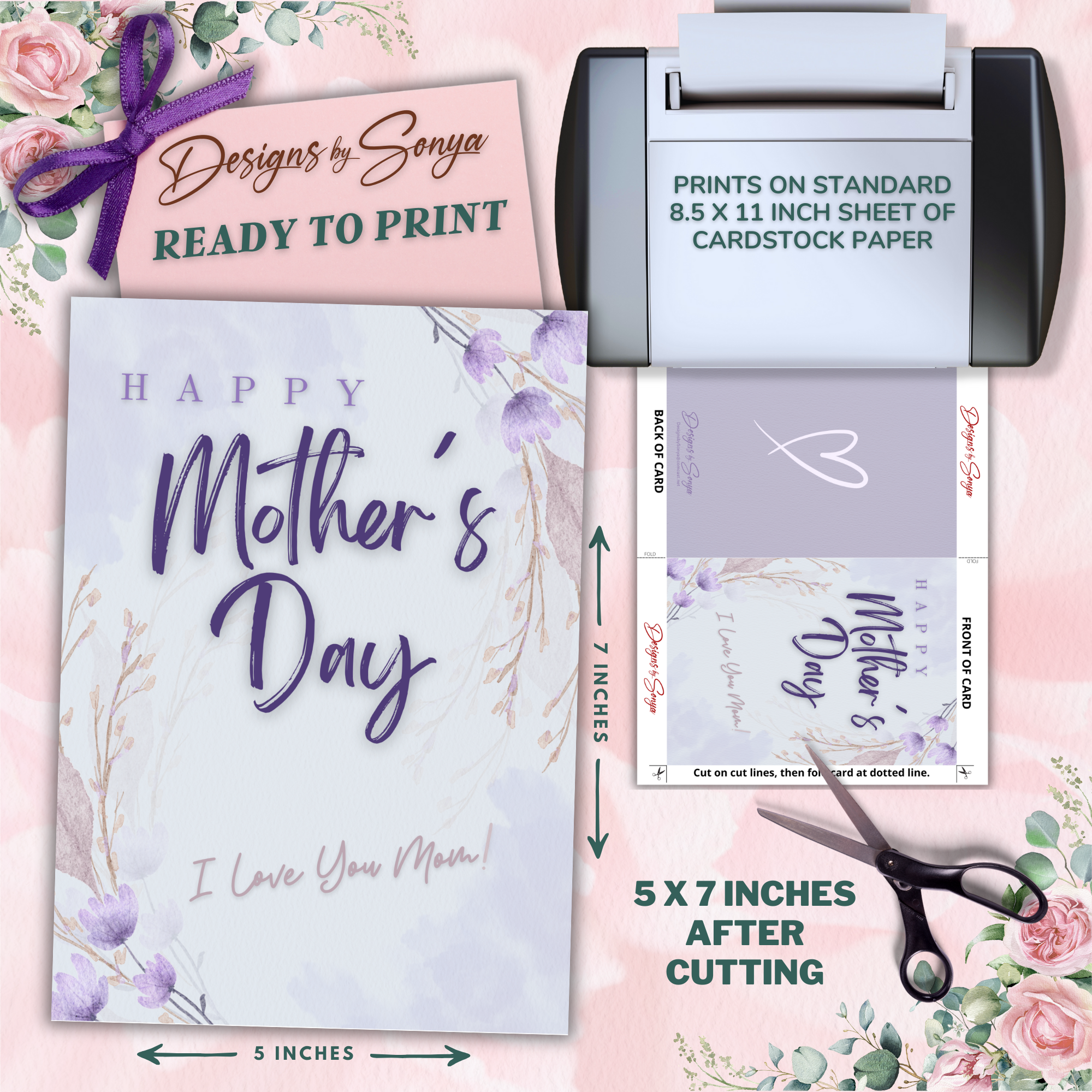 I Love You Mom | Custom Designed | 5 x 7 Printable Greeting Card | Matching Envelope Included | Instant Download | Print from Home