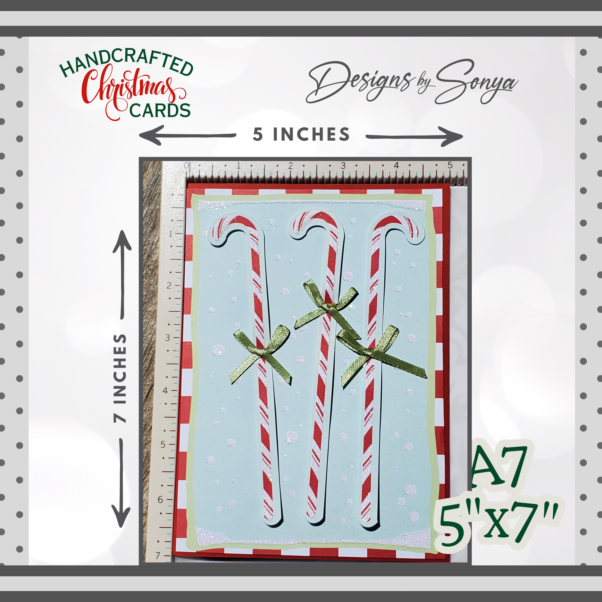 Limited Edition Candy Cane Christmas Card – Handmade A7 Holiday Greeting with Green Bows – 5x7” Peppermint-Themed Keepsake
