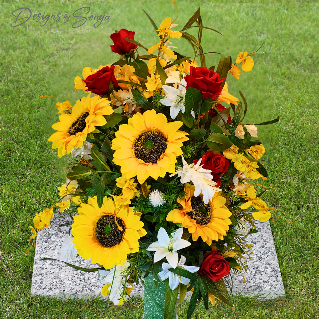 Sunflower and Red Roses Silk Cemetery Vase Insert – Artificial Grave Flower Arrangement | Summer Centerpiece or Memorial Floral Decoration