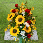 Sunflower and Red Roses Silk Cemetery Vase Insert – Artificial Grave Flower Arrangement | Summer Centerpiece or Memorial Floral Decoration