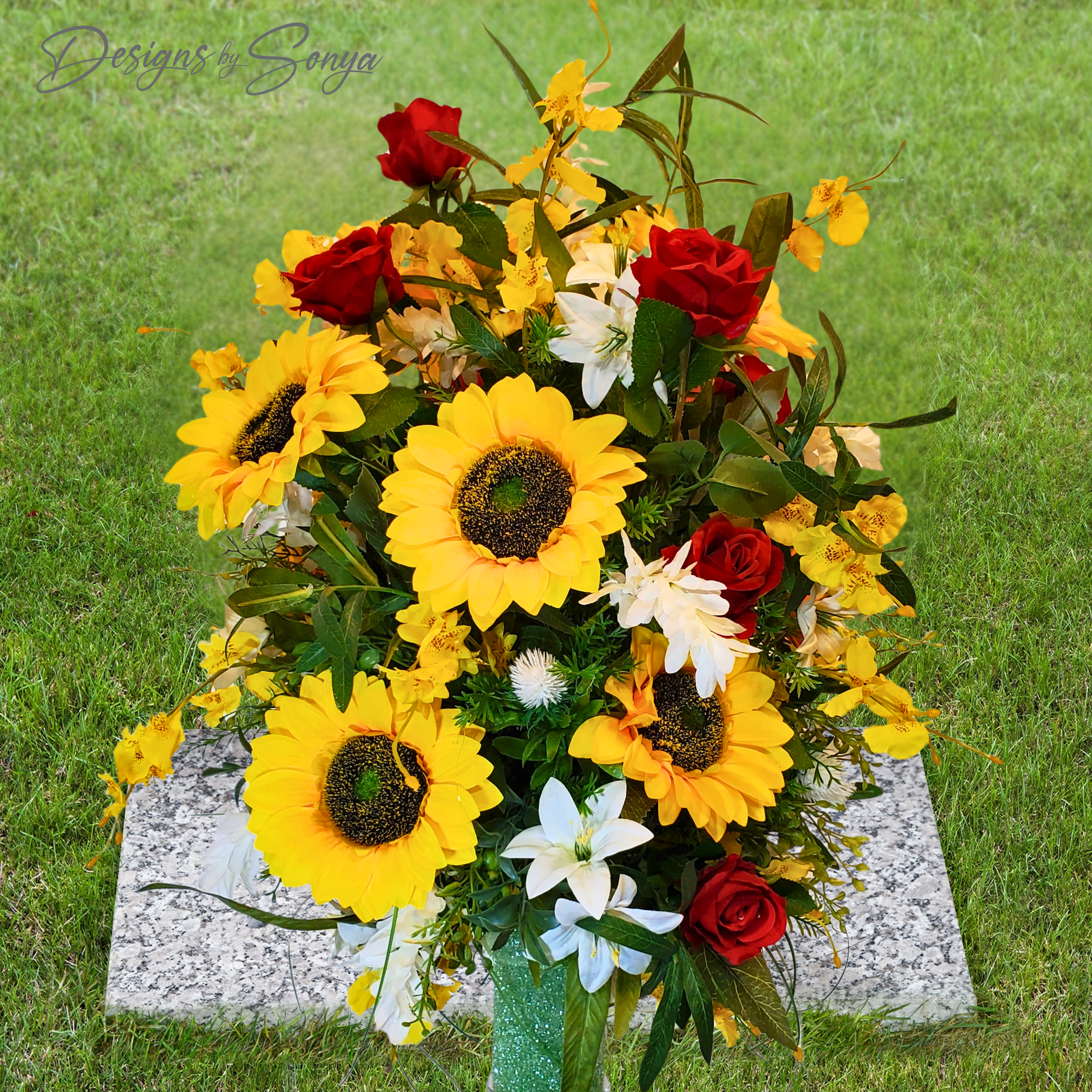 Sunflower and Red Roses Silk Cemetery Vase Insert – Artificial Grave Flower Arrangement | Summer Centerpiece or Memorial Floral Decoration