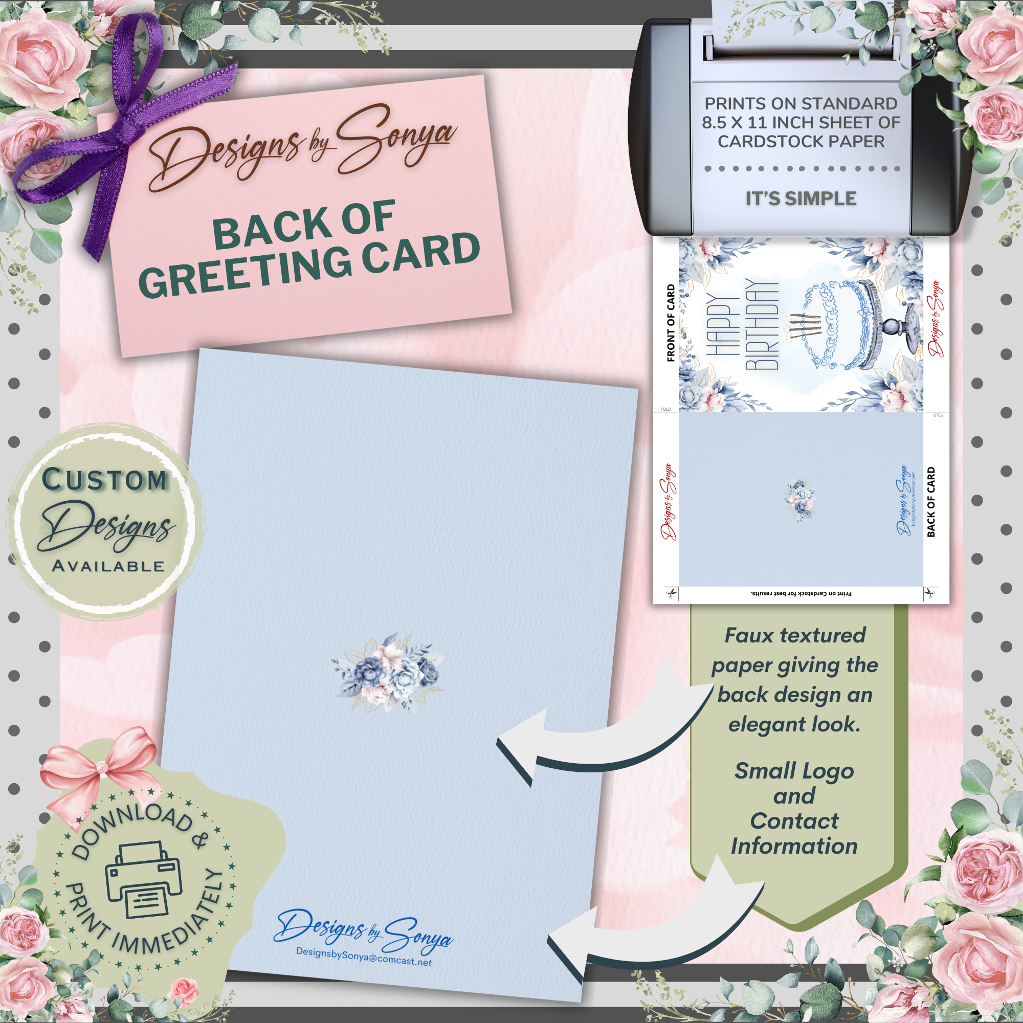 Blue Floral Birthday Card 5x7 | Printable Birthday Card | Watercolor Cake Design | Fits A7 Envelope | Digital Download | Print at Home