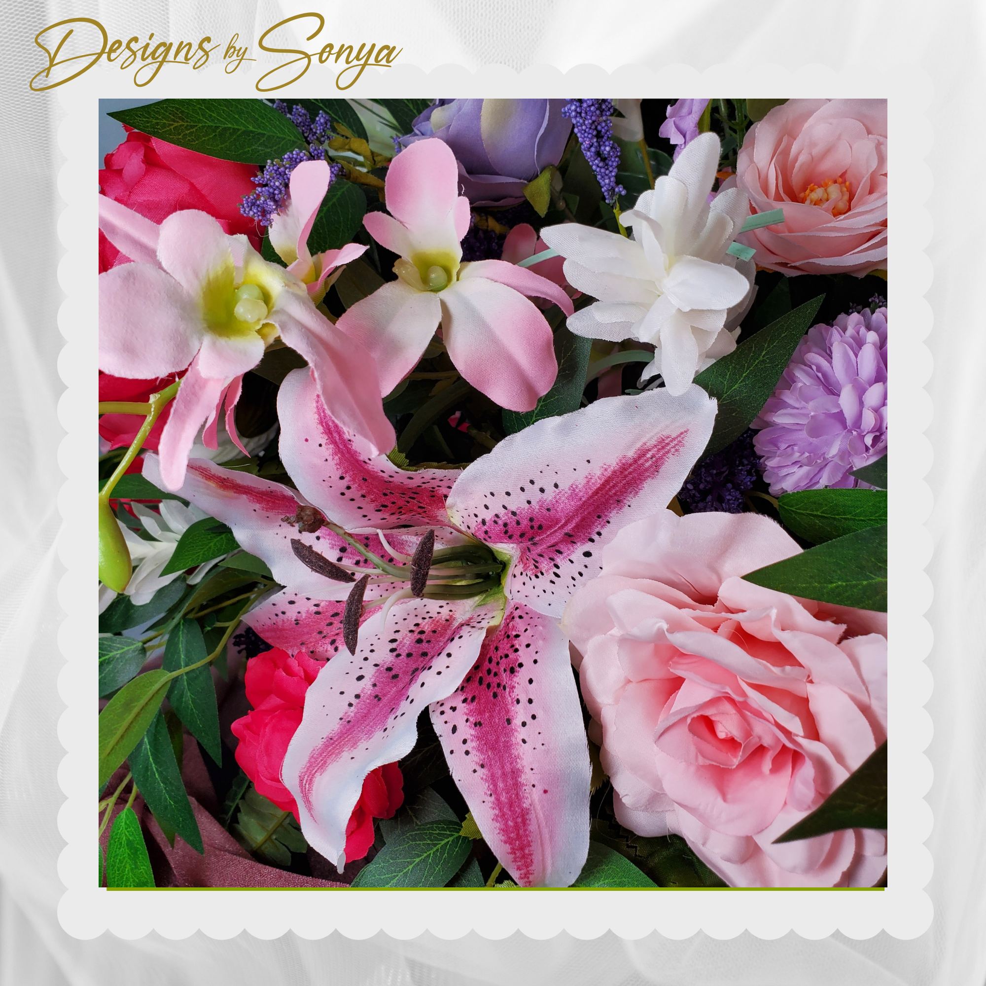 Lifelike Memorial Service Casket Spray to Cemetery Headstone Saddle - Premium Silk Flowers - Roses, Orchids, Lillies, Peonies, Hydrangeas