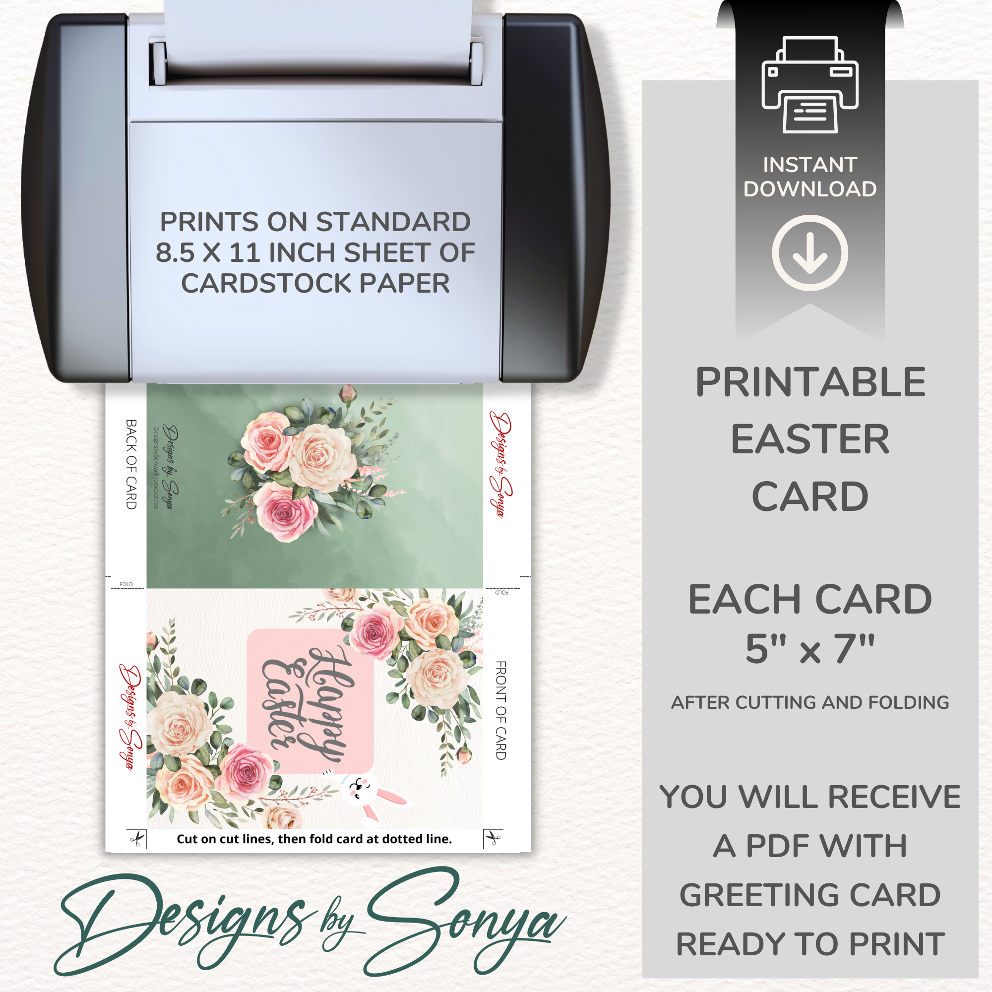 Elegant Custom Designed 5 x 7 Printable Greeting Card - Floral Design of Pink and Beige Roses adorned with "Happy Easter" - Instant Download