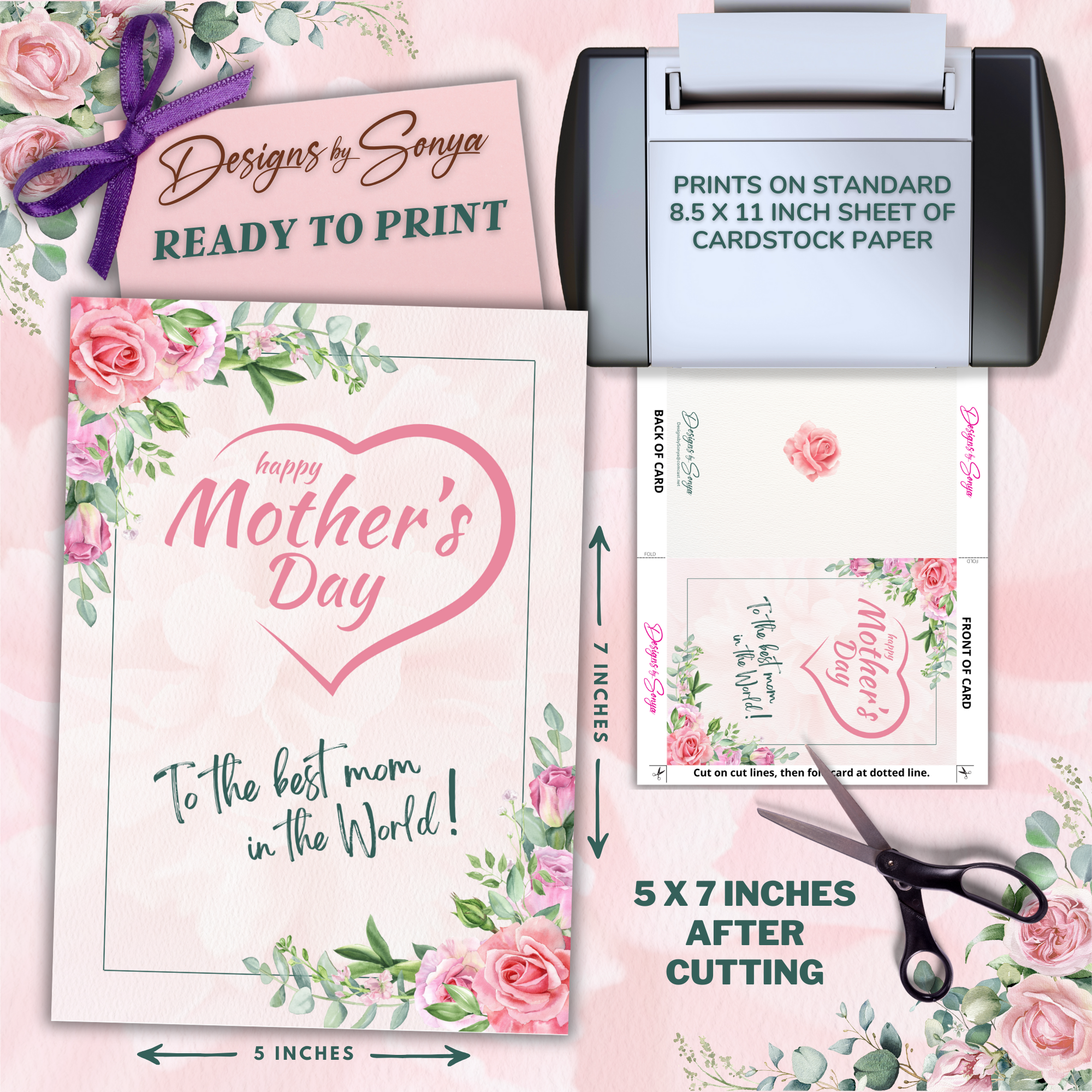 Pink Roses Mother's Day | Custom Designed | 5 x 7 Printable Greeting Card | Matching Envelope Included | Instant Download | Print from Home