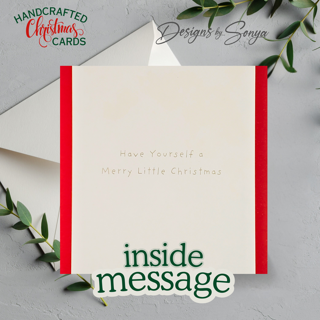 Handcrafted Santa Christmas Card with Gold Lettering | A2 Holiday Card | Red & Green, Unique Design
