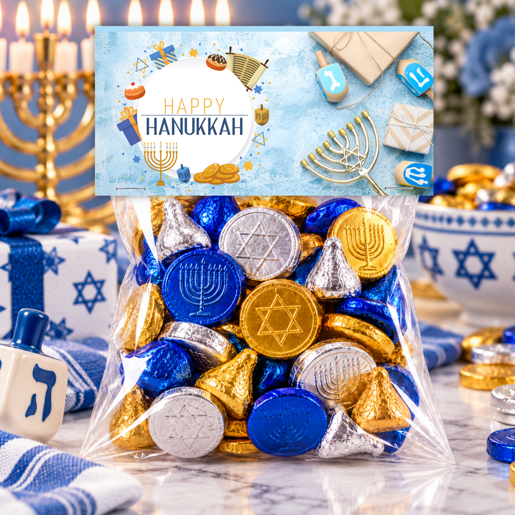 Printable Hanukkah Treat Bag Topper | Happy Hanukkah Candy Bag Topper | Menorah, Dreidels & Gifts | Jewish Holiday Party Favor | 4" x 2" PDF