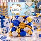 Printable Hanukkah Treat Bag Topper | Happy Hanukkah Candy Bag Topper | Menorah, Dreidels & Gifts | Jewish Holiday Party Favor | 4" x 2" PDF
