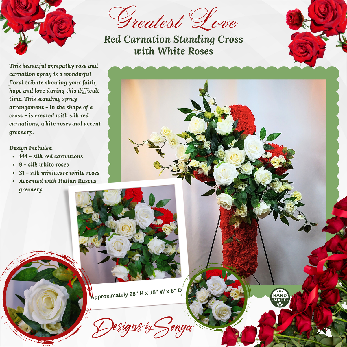 Greatest Love Standing Funeral Cross with White Roses