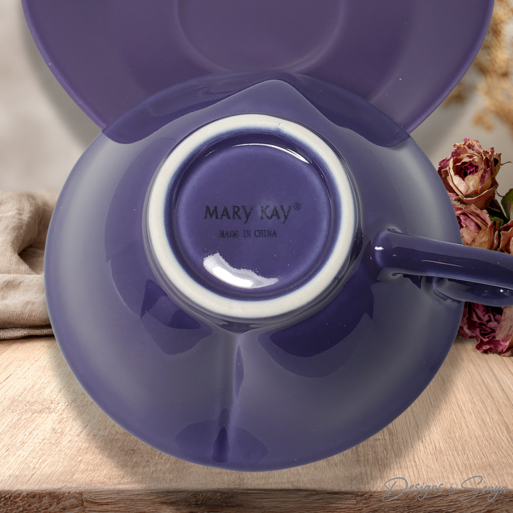 Discontinued Mary Kay Heart Teacup and Saucer Set, Purple Ceramic Cup, Rare Collectible Tea Cup Set, Romantic Gift Idea, New Unused
