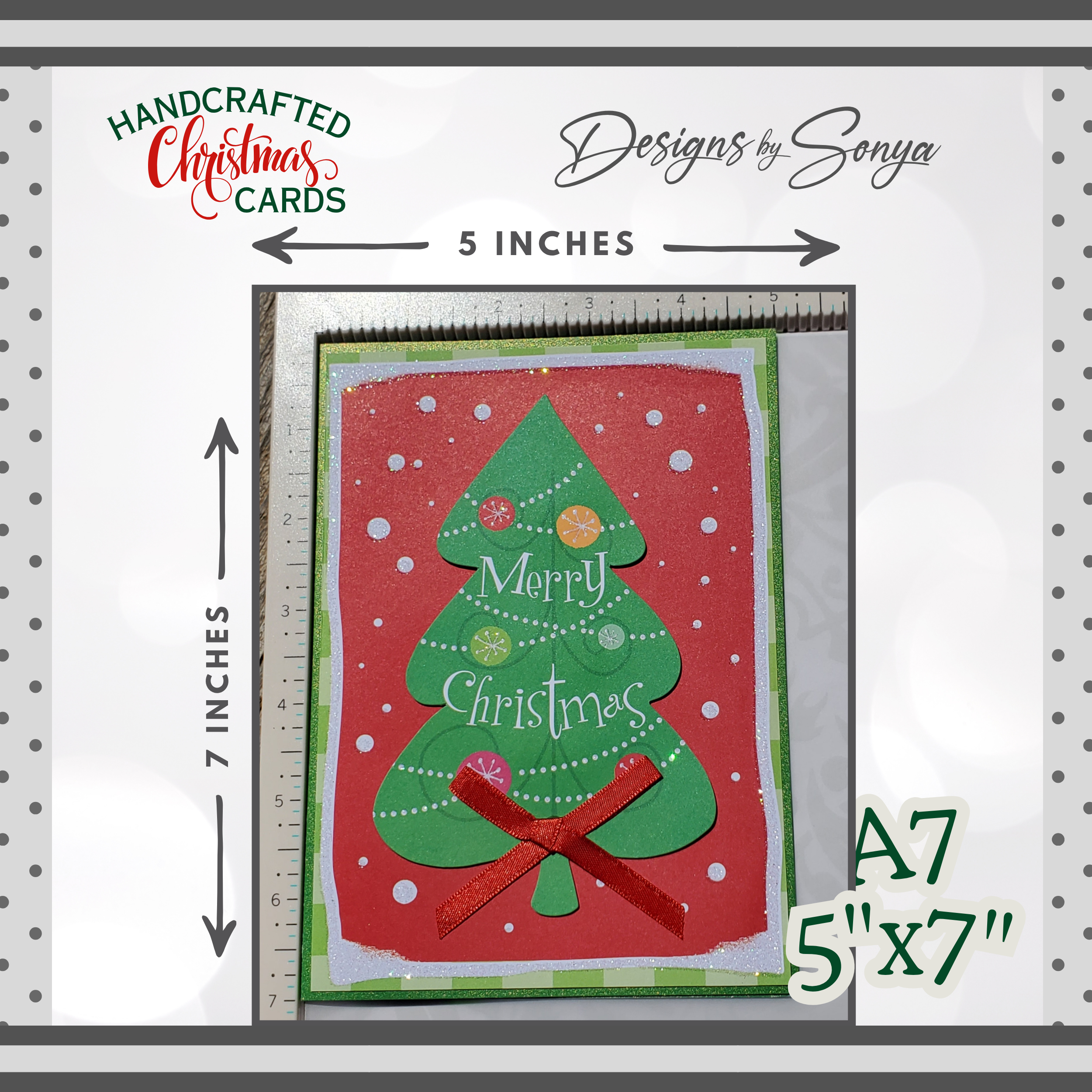 Handcrafted Merry Christmas Tree Card with Ribbon Bow | A7 Holiday Greeting Card | Limited Edition Handmade Christmas Card