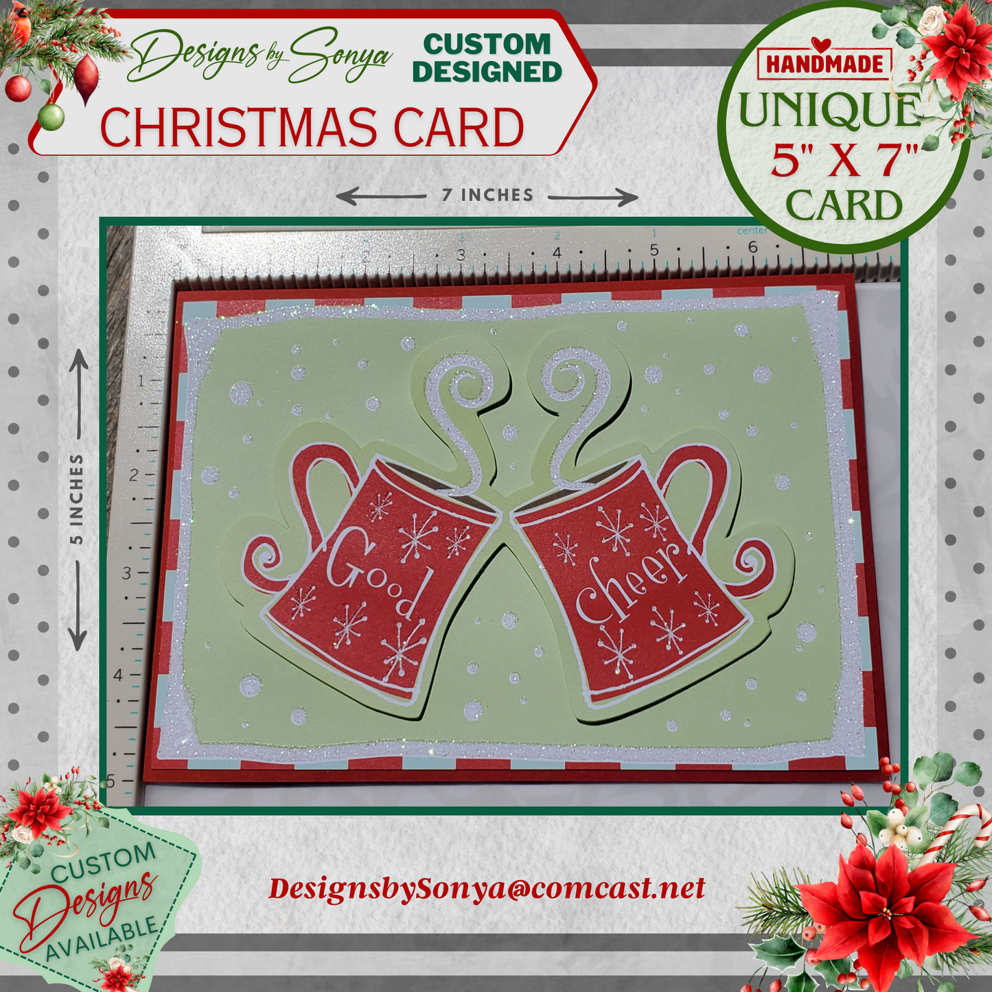 LIMITED EDITION | Festive Good Cheer Glitter Mugs | 5" x7" Sparkling Christmas Card | Custom Designed 3D Layered | Unique Holiday Greetings