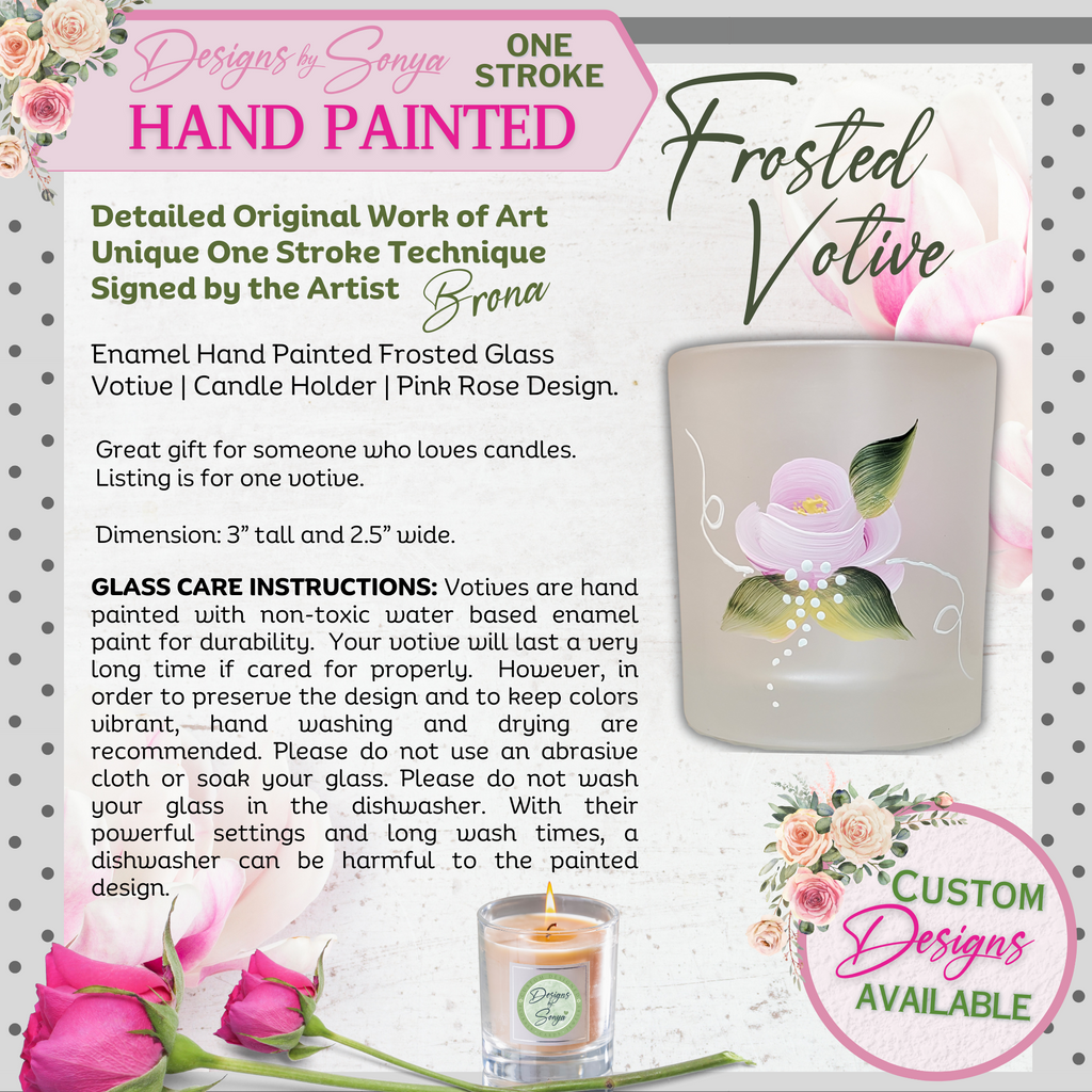 Unique One Stroke | Hand Painted Enamel Glass Votive | Candle Holder | Pink Rose Design | Original Work of Art | Mother's Day Gift | Signed