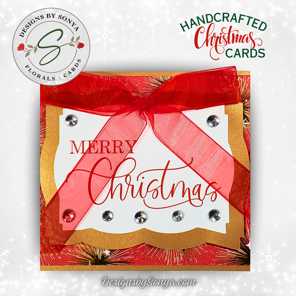 Handcrafted Merry Christmas Card with Red Bow, Rhinestones & Gold Sparkle – Unique Holiday Greeting – 5x7 A7 Card