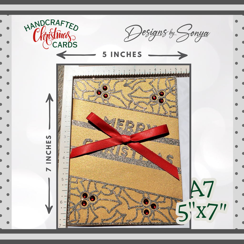 Handcrafted Gold Glitter Christmas Card with Red Bow | A7 Holiday Greeting with Holly, Rhinestones & Printed Interior Message