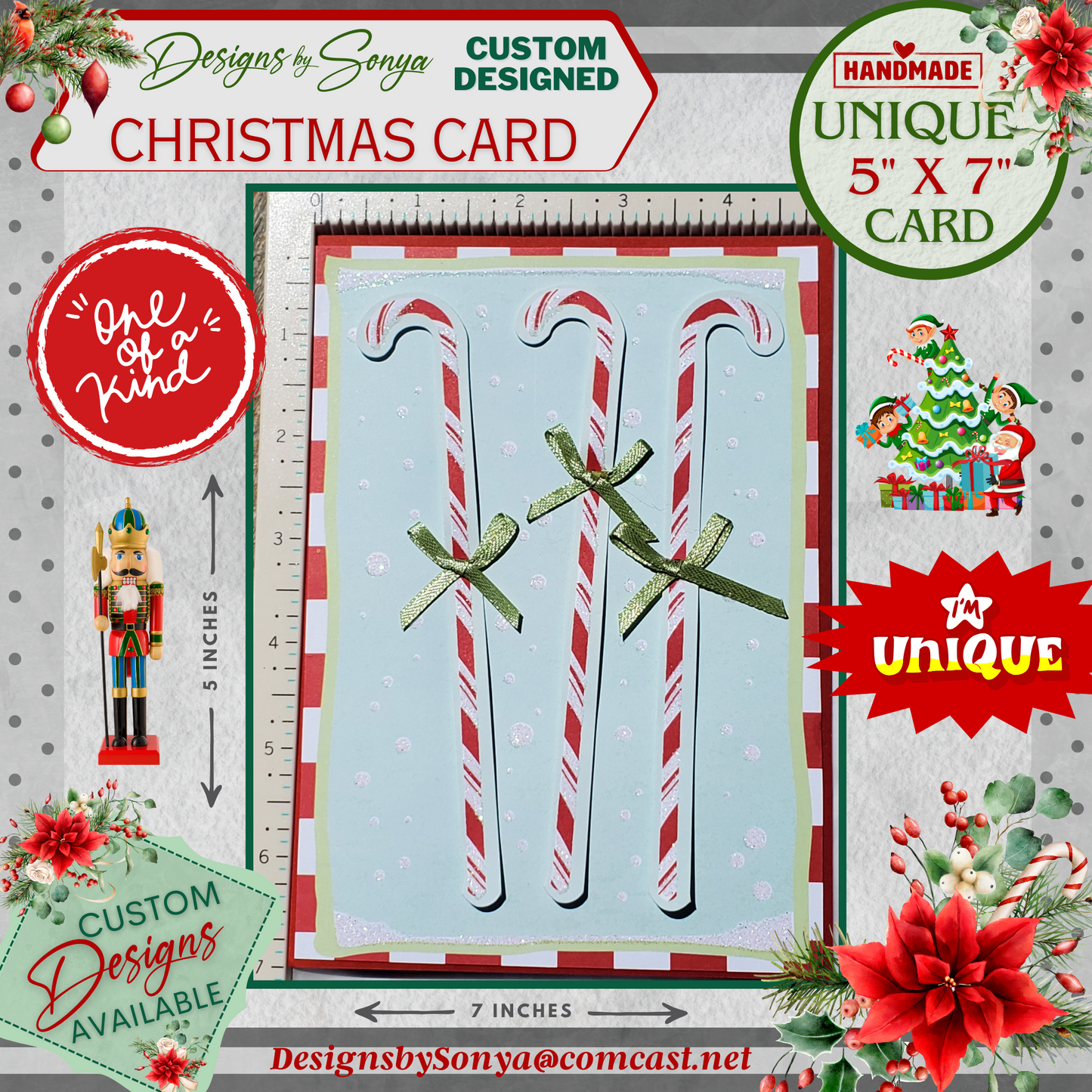 LIMITED EDITION | Festive and Unique | 5" x7" Candy Cane Christmas Card | 1/2" Green Hand Tied Bows | Handcrafted Layered Holiday Greetings
