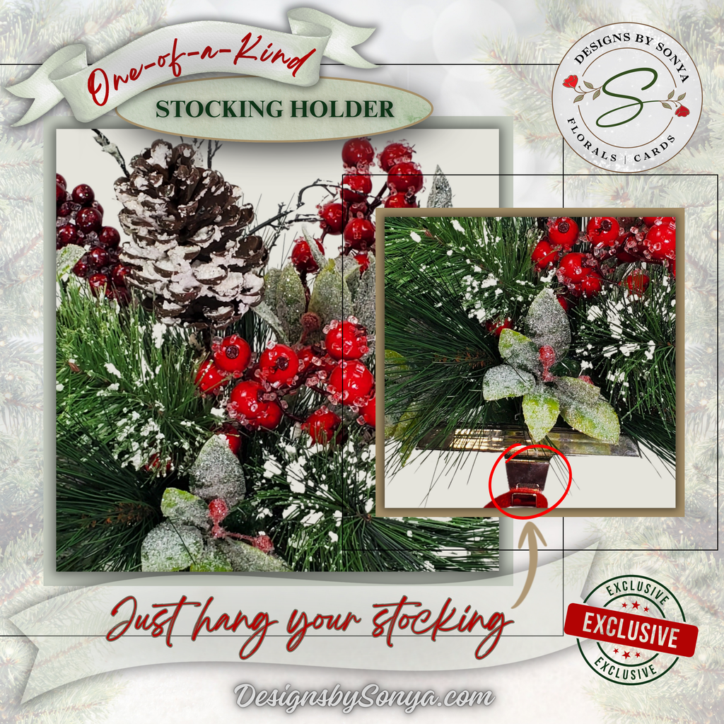 Hook Closeup
Detailed view of the silver hook and felt-padded base of the pinecone stocking holder. Designed to hold heavy stockings securely while preventing mantel scratches.