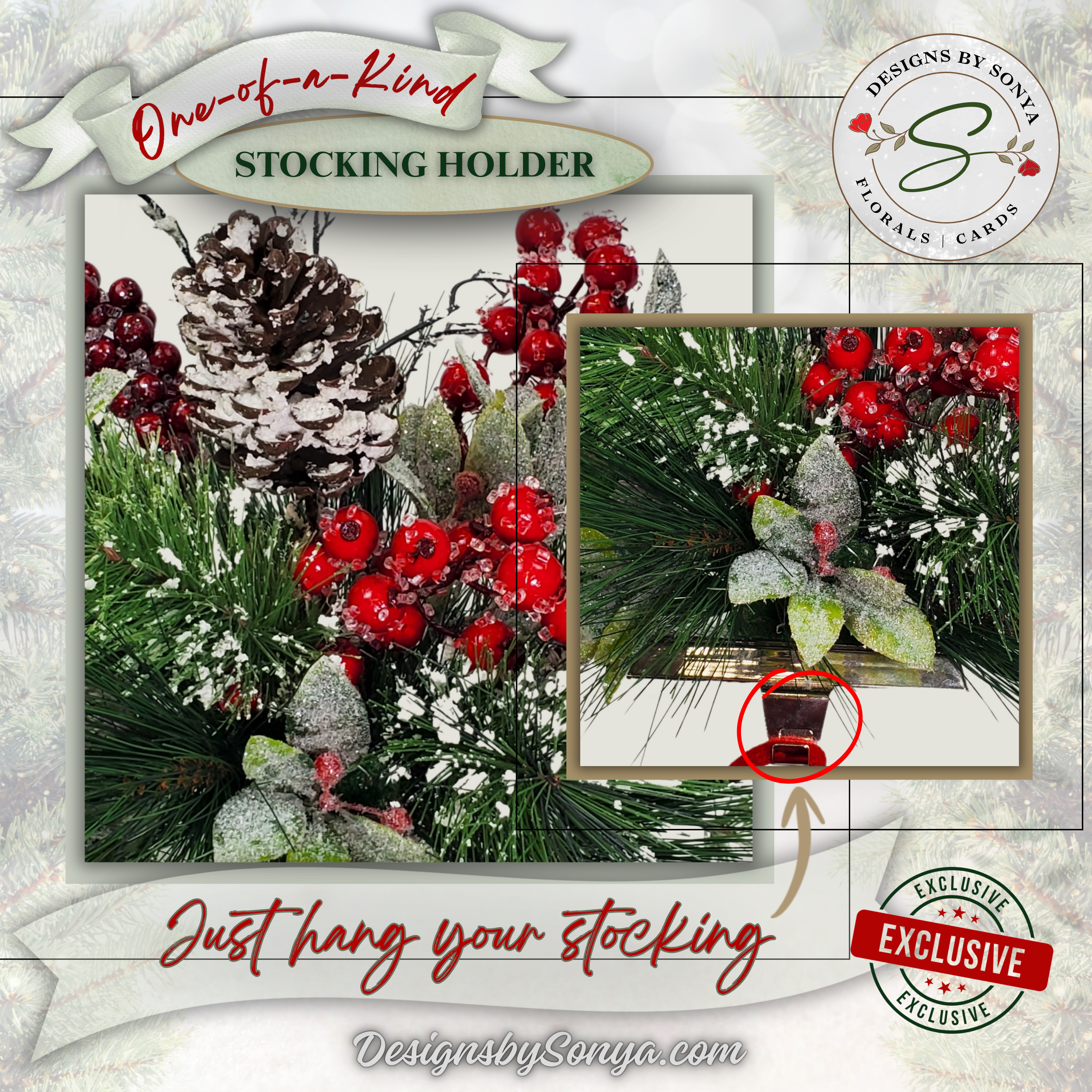 Hook Closeup
Detailed view of the silver hook and felt-padded base of the pinecone stocking holder. Designed to hold heavy stockings securely while preventing mantel scratches.