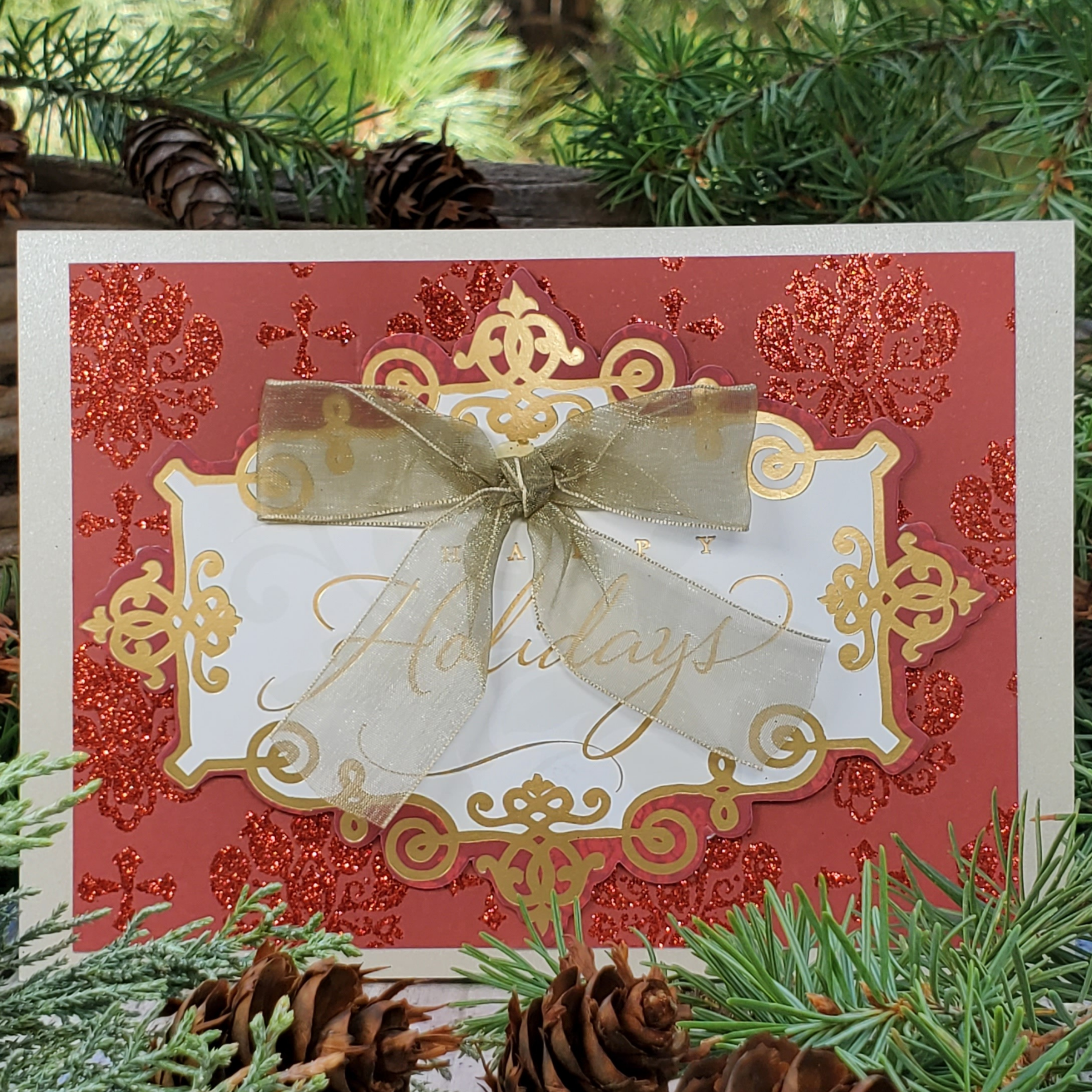 Limited Edition Red & Gold Happy Holidays Card – Handmade A7 Christmas Greeting with Glitter & Bow – Elegant 5x7” Keepsake