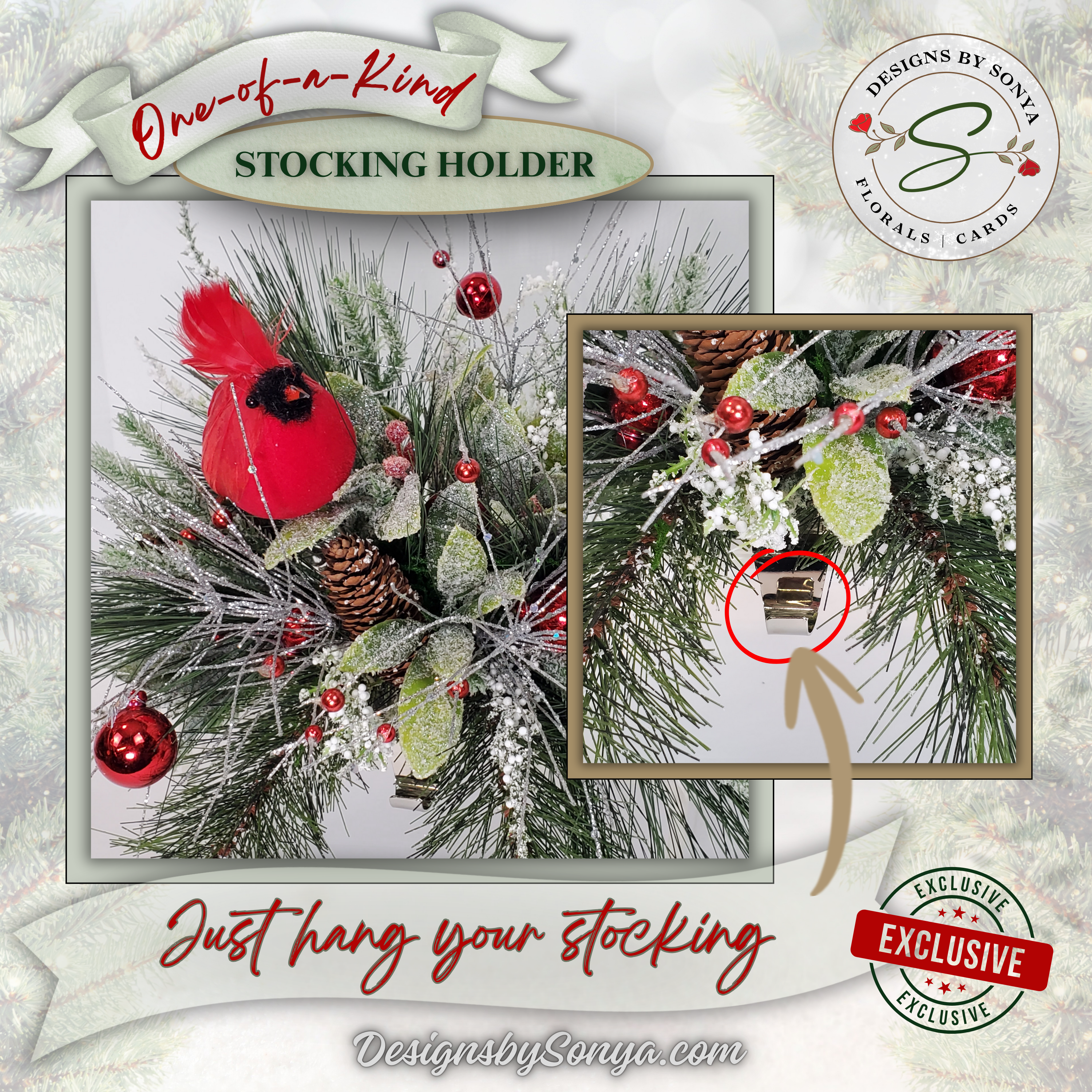 Cardinal Stocking Holder Hook Closeup
Closeup of the metal hook and base of the cardinal stocking holder. Securely holds stockings while the floral design and cardinal honor the memory of loved ones.