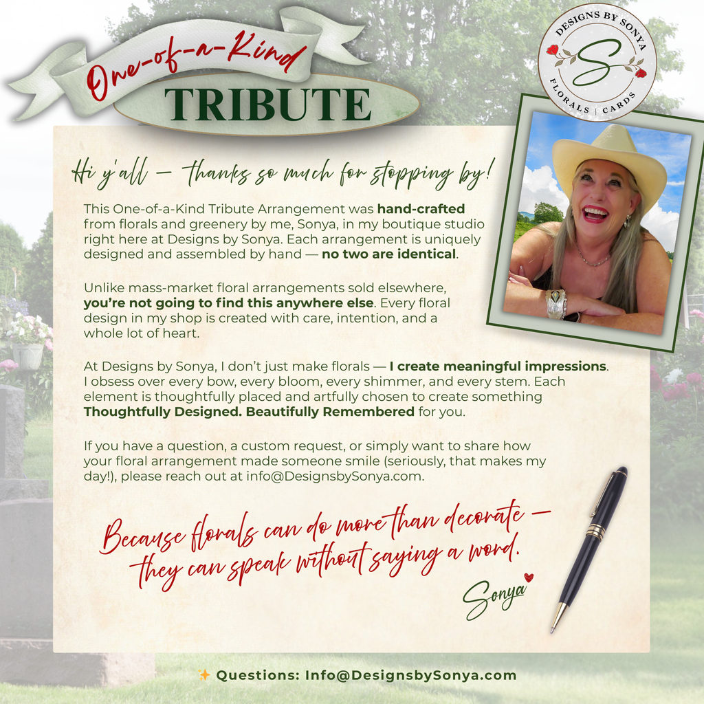 One-of-a-Kind Tribute Arrangement with Designer
Personal introduction from Sonya, creator of custom silk cemetery vase arrangements. Emphasizes handcrafting, unique designs, and meaningful floral tributes that are not mass-produced, created with care in her Texas studio.