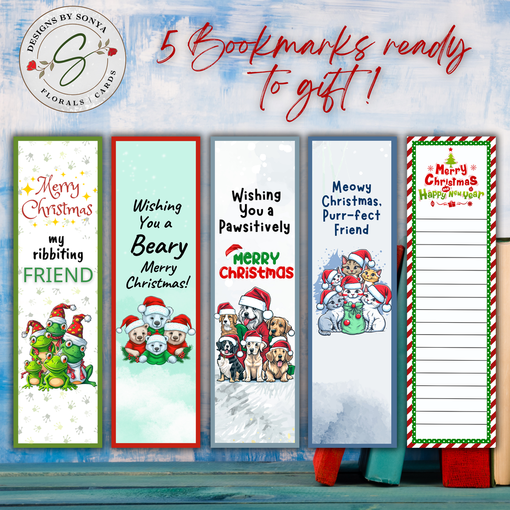 Printable Christmas Bookmarks | Set of 5 Holiday Animal Bookmarks | Classroom Gifts, Teacher Gifts & Stocking Stuffers | 2 x 7 PDF