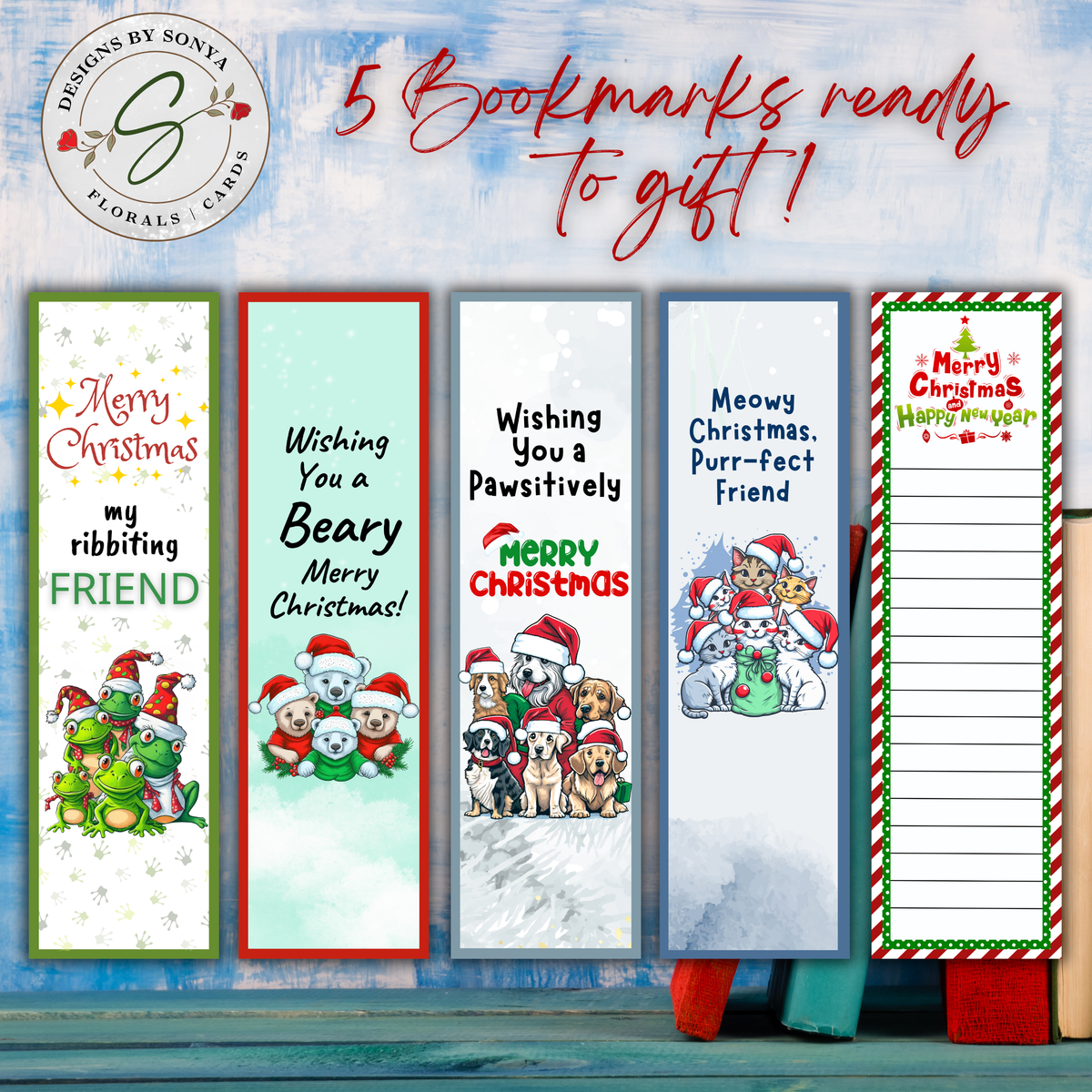 Printable Christmas Bookmarks | Set of 5 Holiday Animal Bookmarks | Classroom Gifts, Teacher Gifts & Stocking Stuffers | 2 x 7 PDF