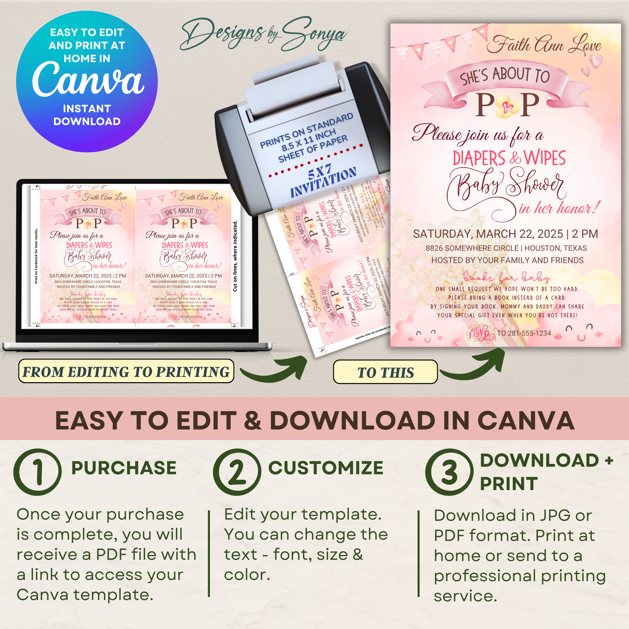 She’s About to Pop Baby Shower Invitation | Editable Canva Template | Pink Watercolor Balloon Theme | Custom Party Printable 5x7 Invite