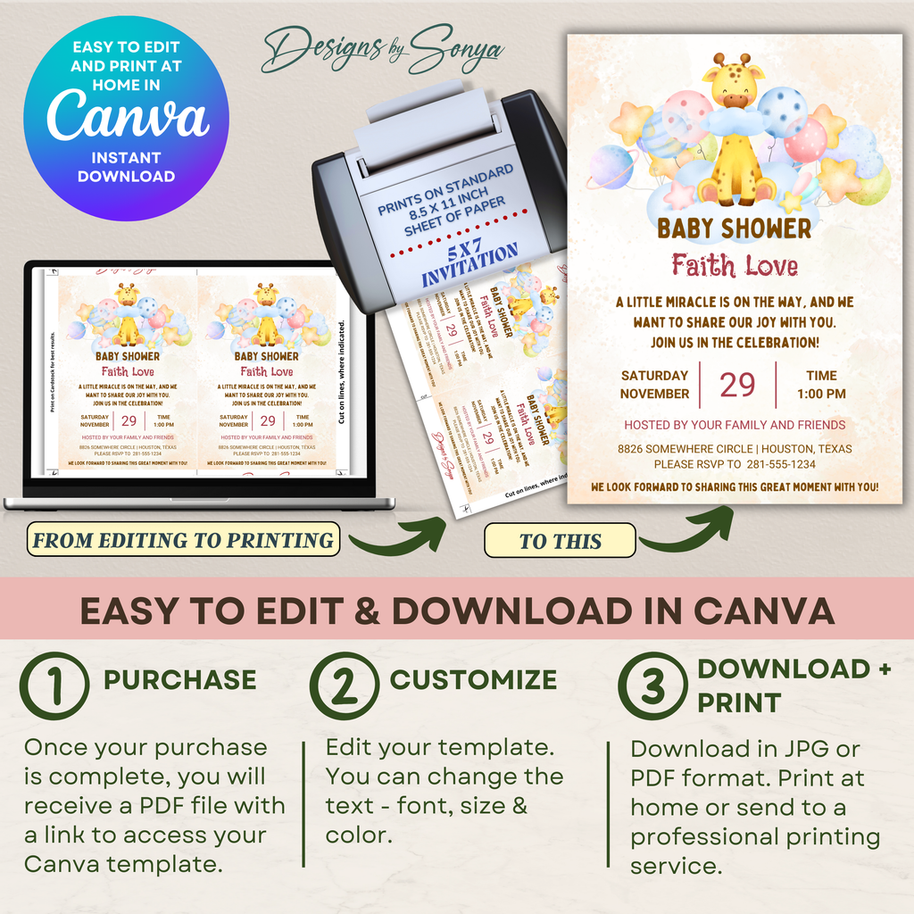 Giraffe Baby Shower Invitation Template | Cute Gender Neutral Baby Shower Invite | Editable Canva Design | Printable 5x7 Digital Download for Parents & Hosts