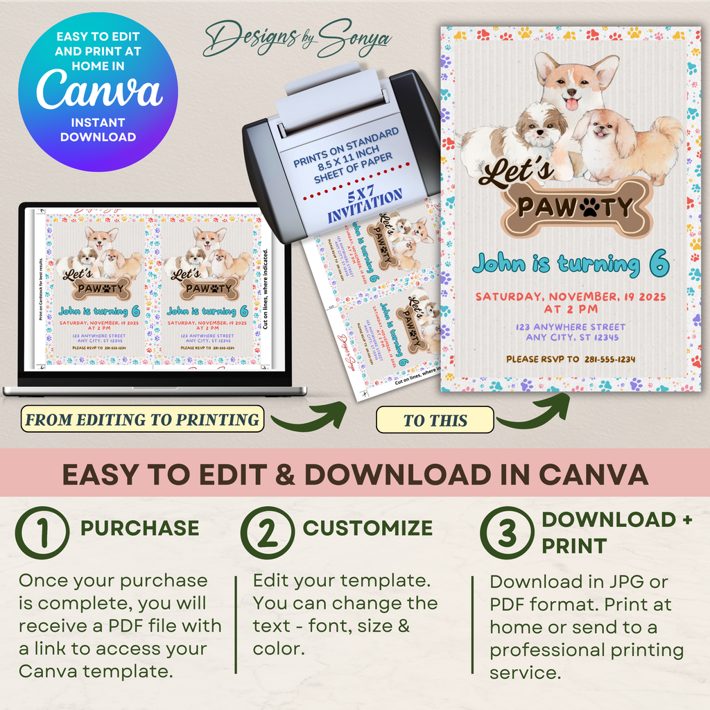 Dog Birthday Party Invitation | Let’s Pawty Editable Canva Template | Printable Pet-Themed Kids Birthday Invite | Cute 5x7 Digital Download