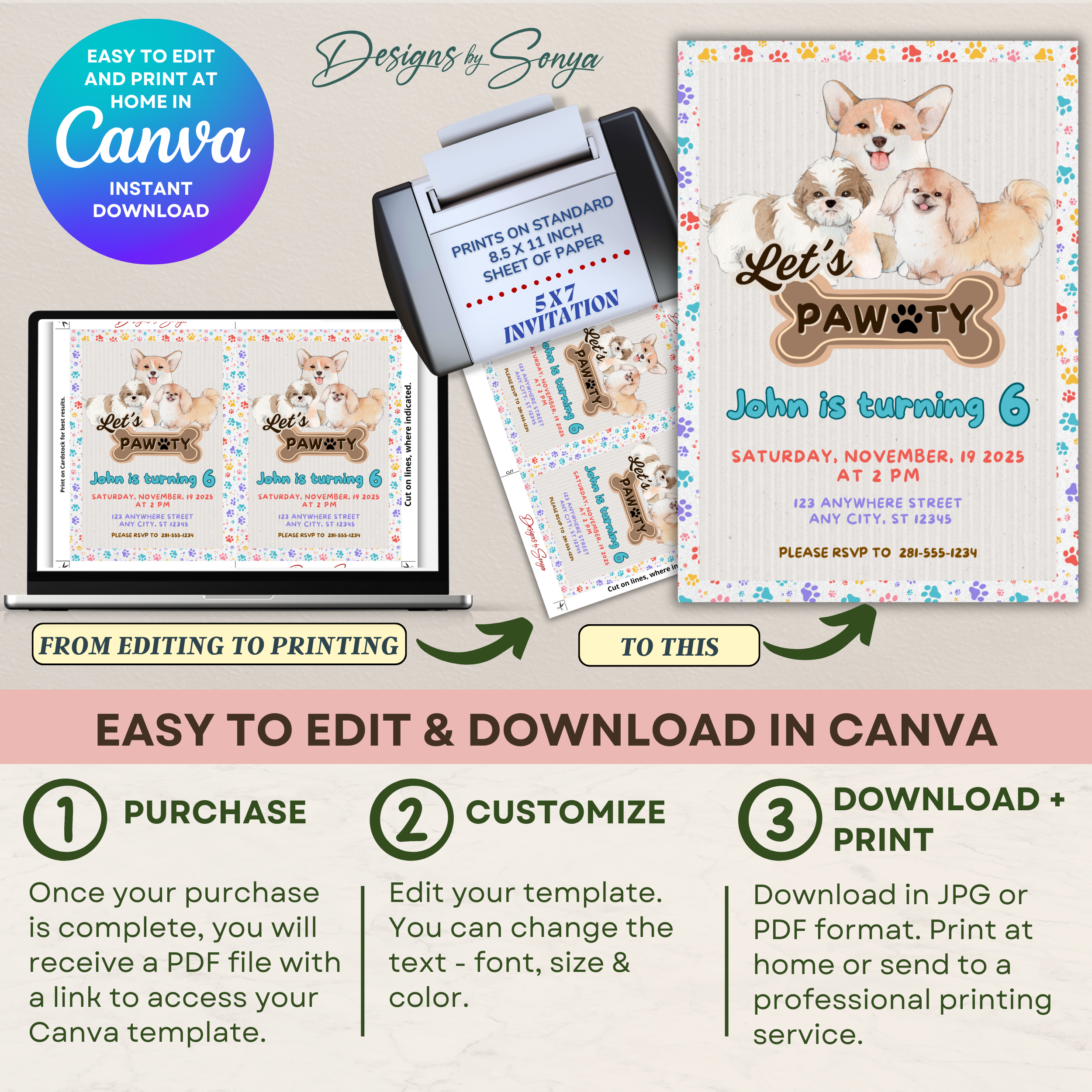 Dog Birthday Party Invitation | Let’s Pawty Editable Canva Template | Printable Pet-Themed Kids Birthday Invite | Cute 5x7 Digital Download